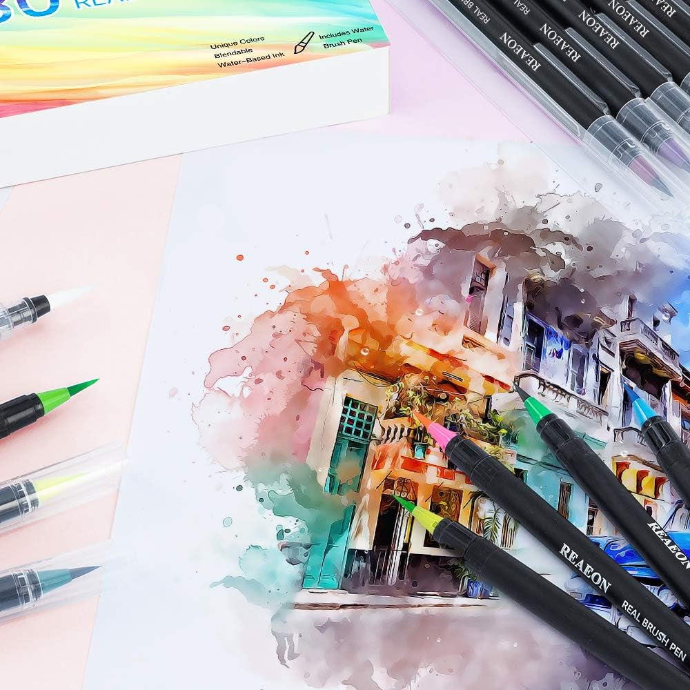Watercolor Brush Pens, Real Brush Pen, 30 Watercolor Painting Markers with Flexible Nylon Brush Tips for Coloring, Calligraphy and Drawing (1 Water Brush Pens for Blending)