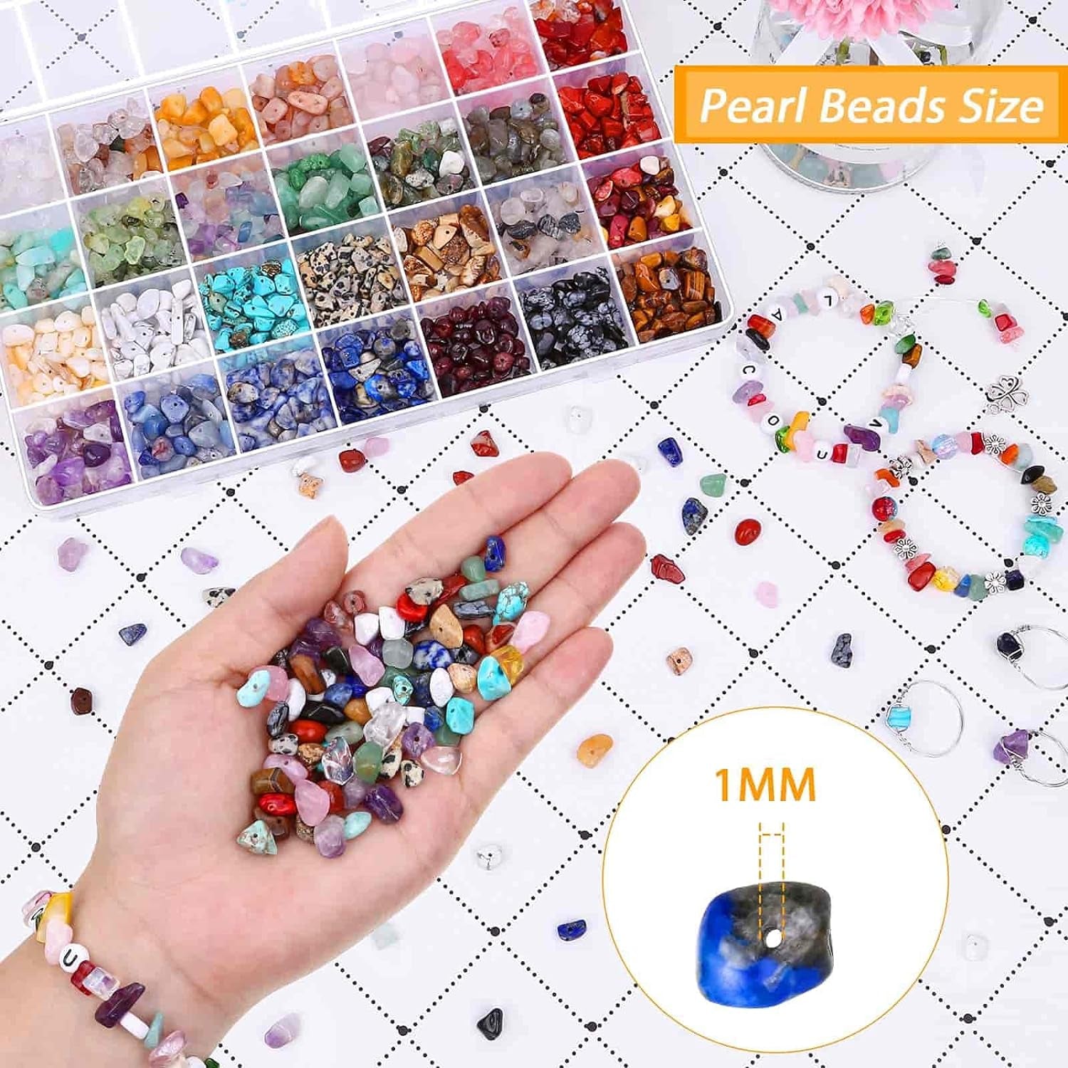 Crystal Beads for Ring Making, 28 Colors Chips and Gemstone Beads, Ring Making Kit with Plastic Box for Jewelry, Bracelets, Earring Making Supplies