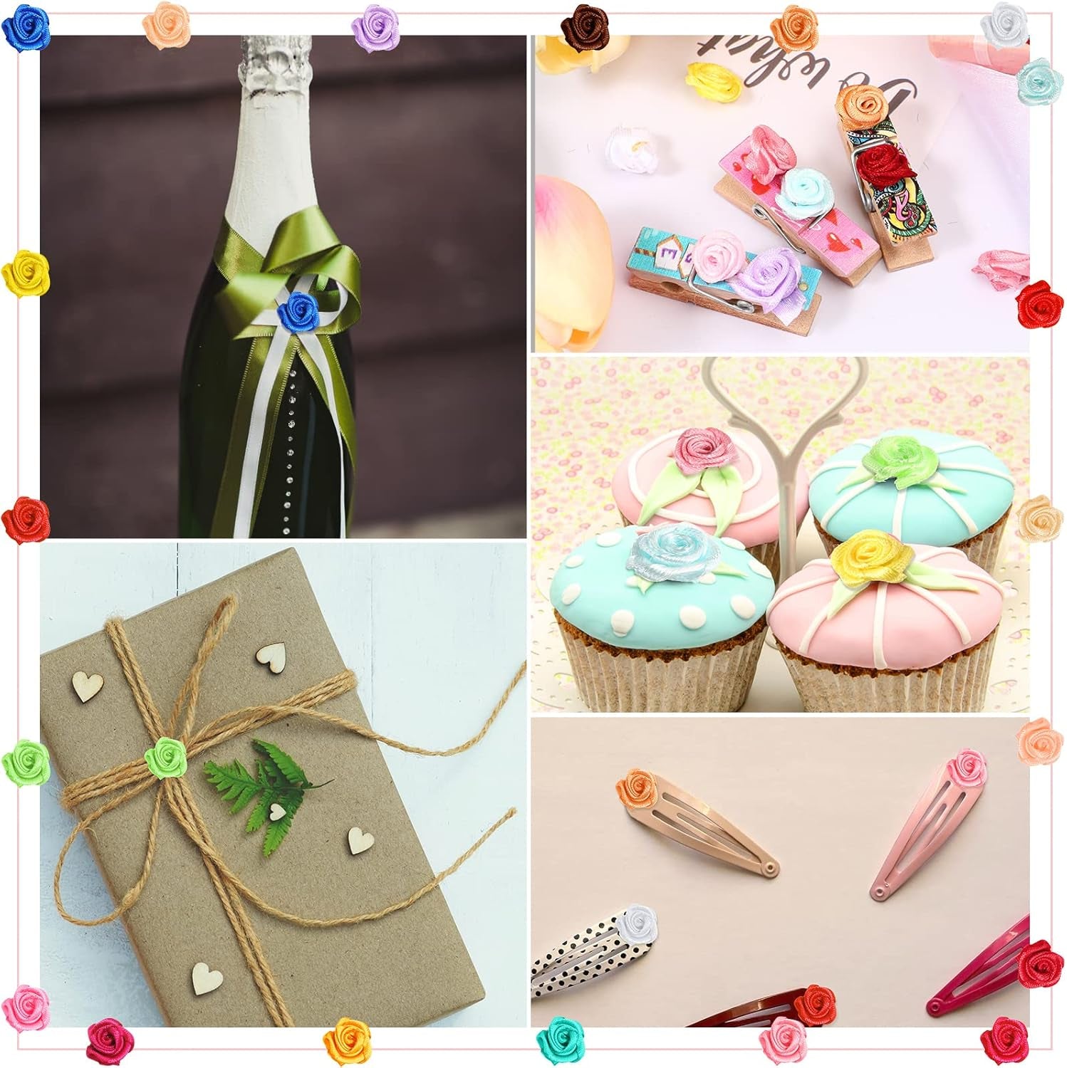 300 Pcs Mini Satin Ribbon Roses Small Flowers for Crafts Tiny Satin Roses Artificial Fabric Flowers Applique DIY Sewing Embellishments for Wedding Bride Gift Wrapping Decoration(Multicolor)