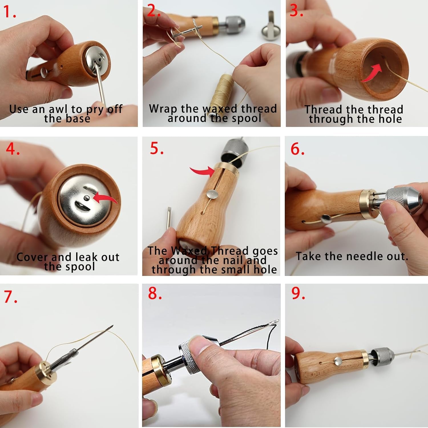 Professional Sewing Awl Kit, Portable Leather Sewing Awl Thread Kit with Straight Bent Needles Rolls Waxed Threads Small Screwdriver Yarn Scissors Needle Threader Tape Measure for DIY Craft