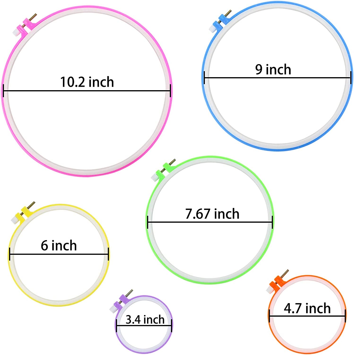 6 Pieces Embroidery Hoops, Plastic Circle Cross Stitch Hoop Ring 3.4 Inch to 10.2 Inch (Multicolor) for Embroidery and Cross Stitch