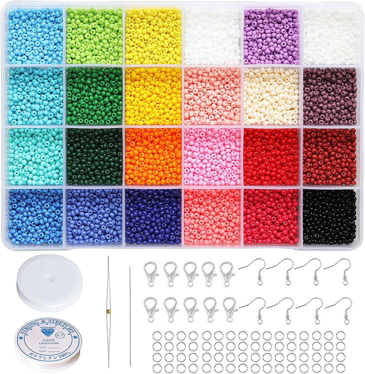 3Mm round Size Almost Uniform Glass Seed Beads with Beading Kit, about 7800Pcs in Box 24 Multicolor Assortment Size 8/0 Craft Seed Beads for Jewelry Making,(About 325Pcs/Color, 24 Colors)