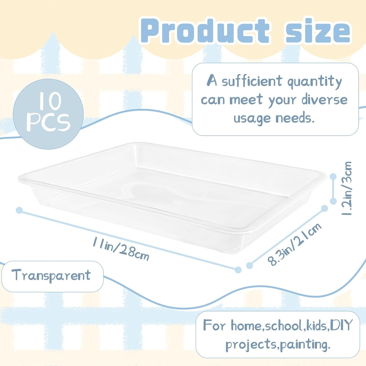 10 Pcs Plastic Art Trays,Reusable Plastic Trays for Serving Food and Parties,Stackable Activity Tray for DIY Projects,Painting,Beads11 X 8.3 X 1.2 Inch (Clear)