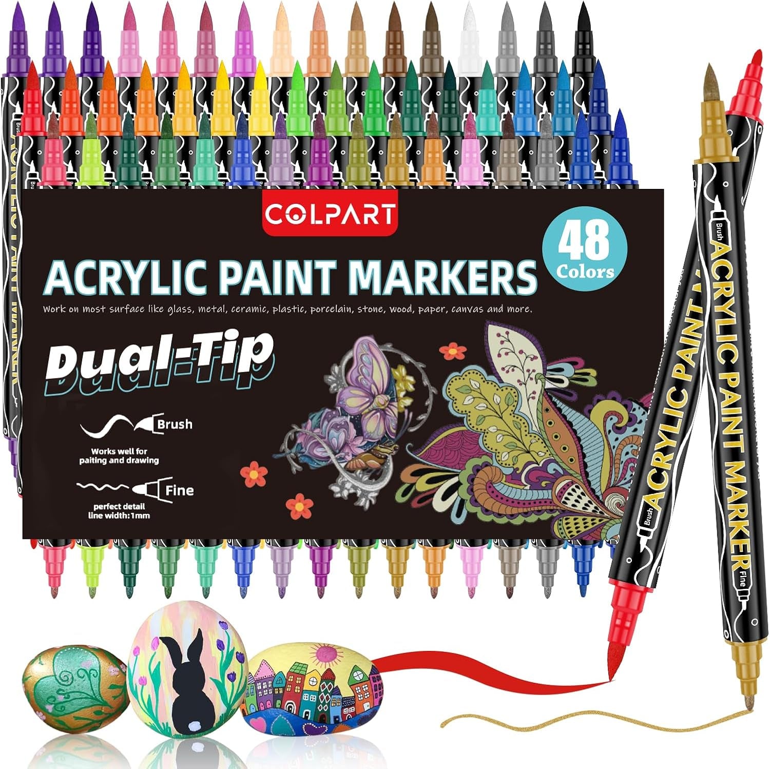 Dual Tip Acrylic Paint Markers,48 Colors Dual Tip Acrylic Paint Pens Paint Markers,Includes 10 Metallic Brush Tip Fine Tip Paint Markers for Rock Painting,Plastic,Canvas and Diy Crafts Art Supplies