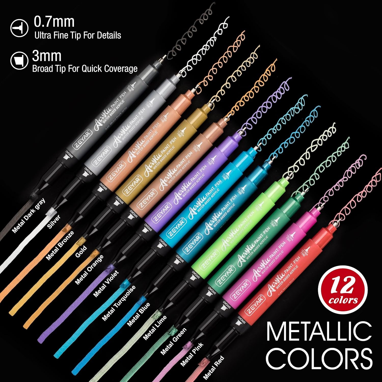 Acrylic Paint Pen, Needle Extra Fine and Chisel Point, 12 Metallic Colors, Waterproof Ink, Works on Rock, Wood, Glass, Metal, Ceramic and More
