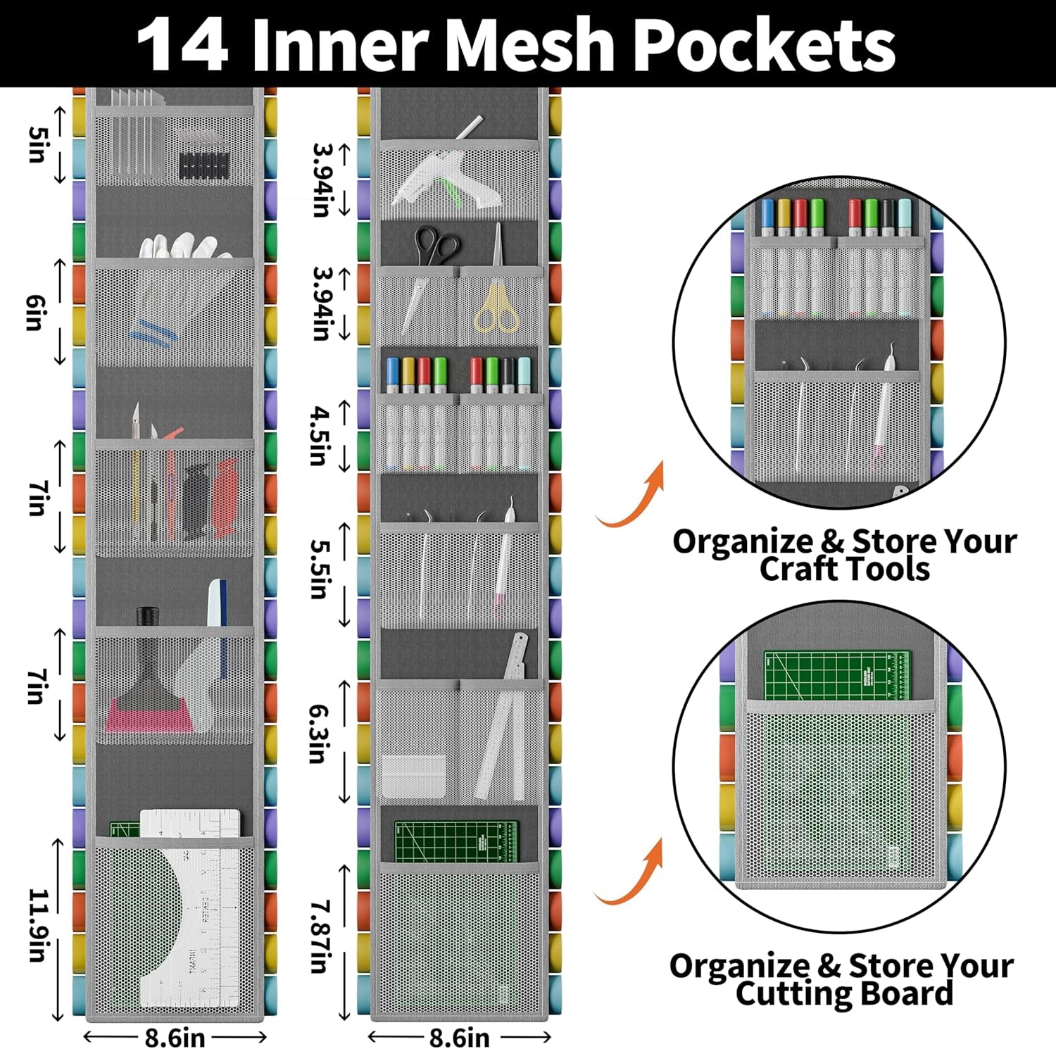 60 Compartments Vinyl Roll Holder with 14 Internal Mesh Pockets, 2 Hooks &amp; 2 Straps - 66"X8.6" Vinyl Roll Storage - Vinyl Storage Organizer - Vinyl Organizer Storage Craft Rack