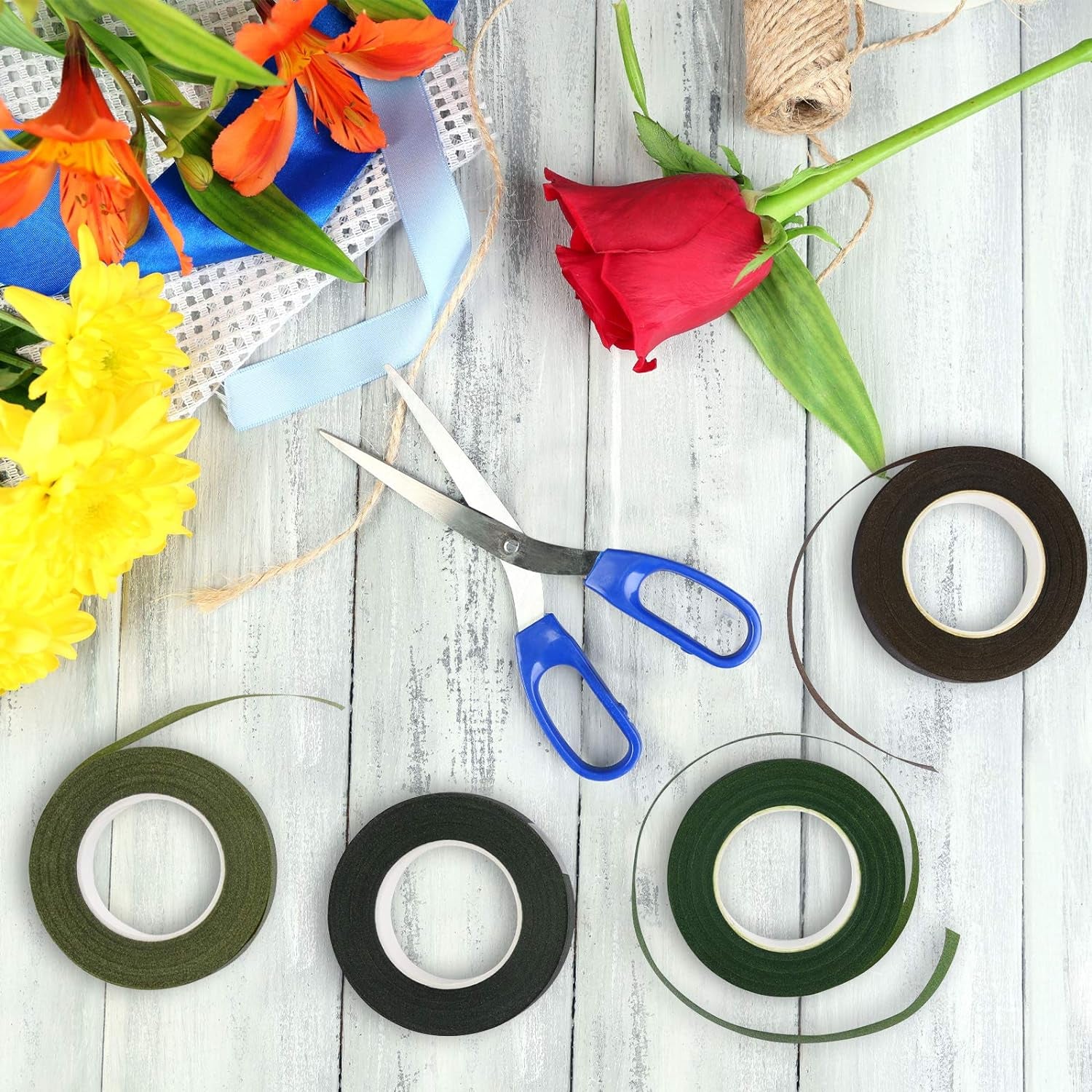 4 Rolls 1/2" Wide Floral Tapes for Bouquet Stem Wrapping and Floral Crafts,Wedding Bouquet,Dark Green,Light Green,Grass Green,Dark Brown
