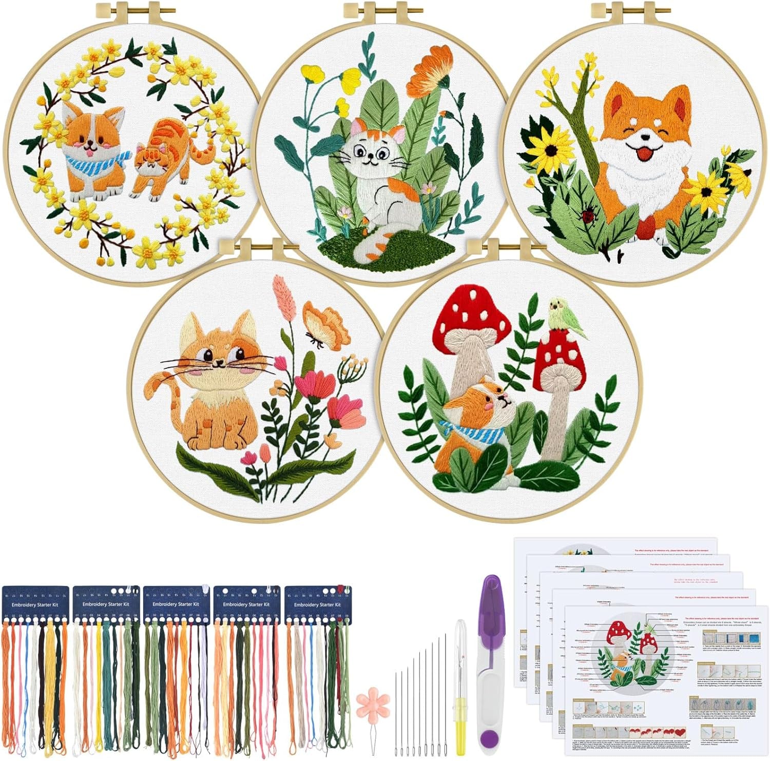 4 Sets Embroidery Kit for Beginners, Art Craft Handy Sewing Set Hummingbird and Flower Cross Stitch Starter Kits, DIY Embroidery Kits with Patterns and Instructions Hoops Needles Threads