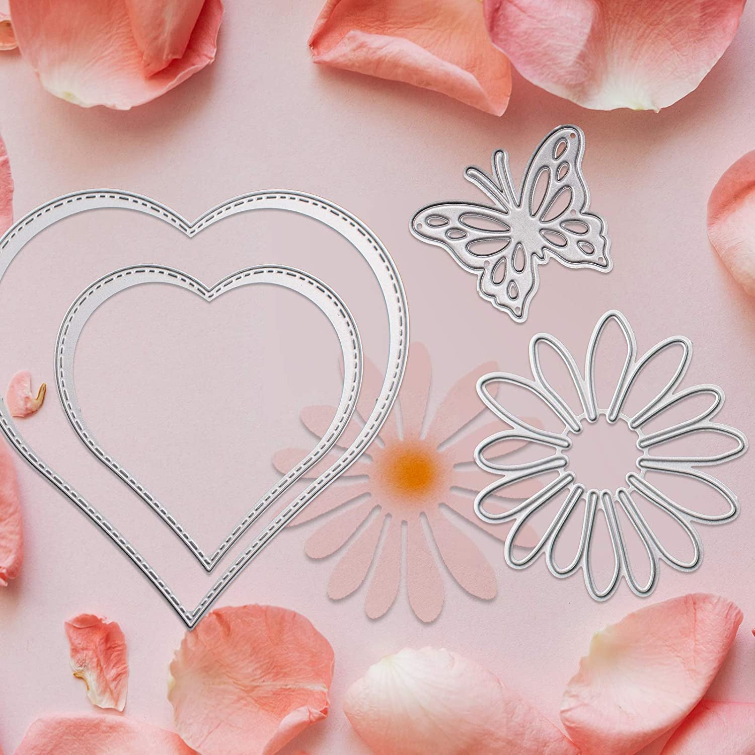 Dailytreasures 5 Set Cutting Dies Stencil, 32Pcs Metal Template Moulds Multi-Shape DIY Craft Embossing Tools for Album Scrapbooking Art & Mother'S Day Card Making(Heart/Square/Round/Butterfly/Flower)