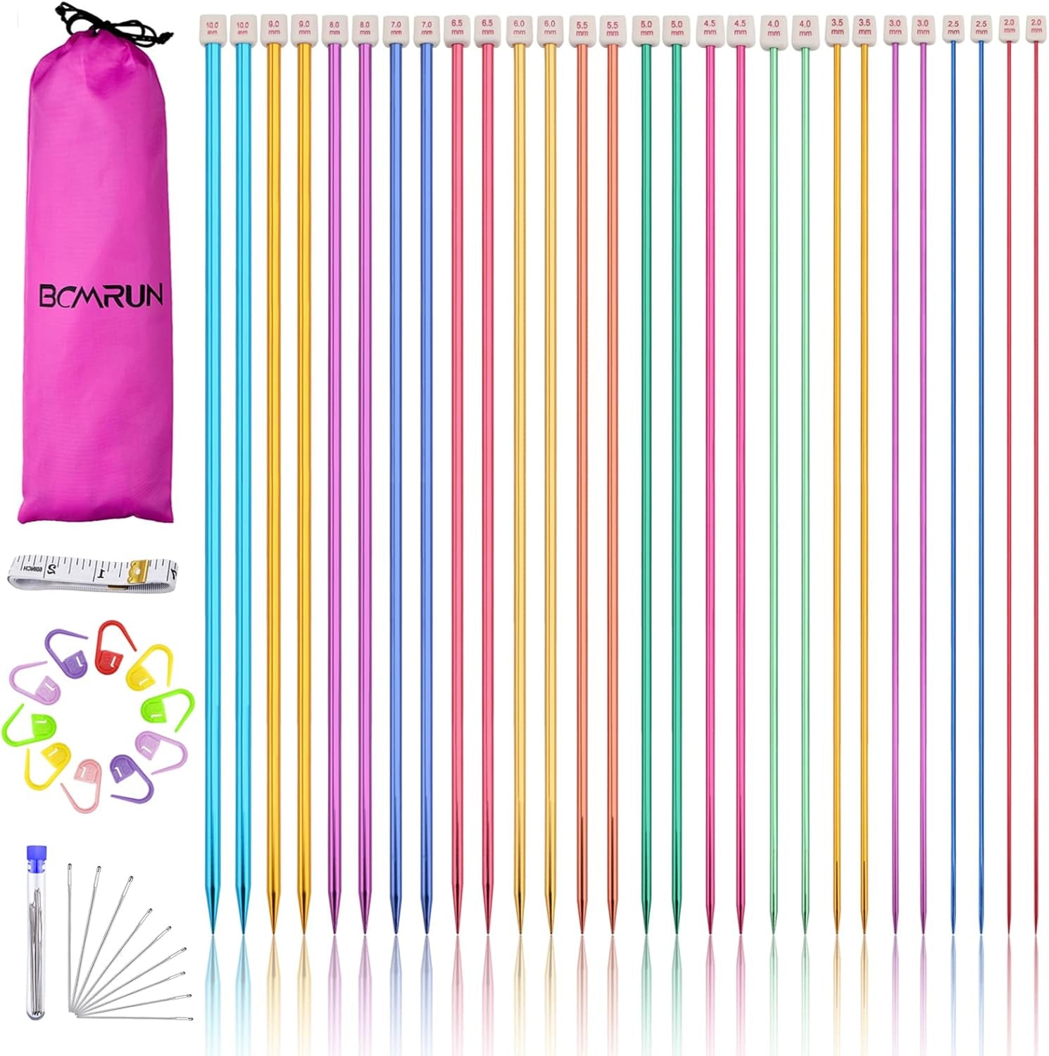 28Pcs/14 Pairs Stainless Steel Knitting Needles Set, Colored Straight Single Pointed Metal Knitting Needles, 14 Size from 2.0Mm-10.0Mm, 9.8 Inches Length for Handmade DIY Knitting (25Cm)