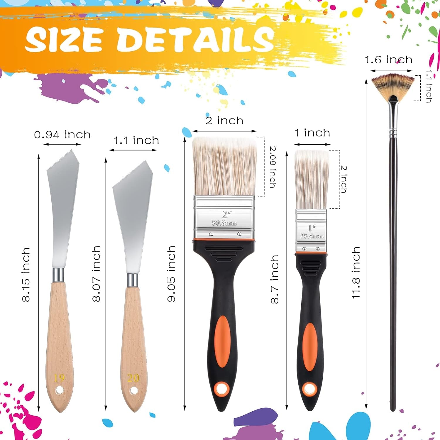 5 Pieces Painting Knife Set Background Blender Brush and Fan Blender Artist Brush Stainless Steel Palette Knife 2 Inch and 1 Inch Landscape Brush for Oil Canvas Acrylic Painting