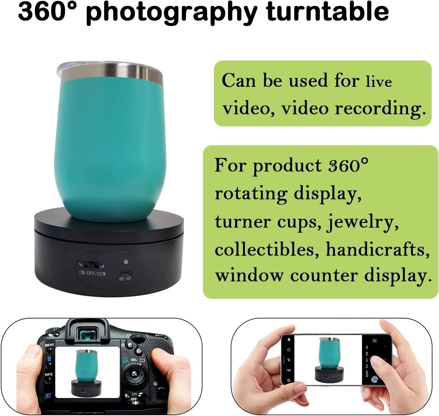 Motorized Rotating Display Stand,Turner Cup Platform for Epoxy Glitter Tumbler, 360 Automatic Mute Rotating Turntable, Tumbler Making Supplies Spinner, Base for Product Video Show ,Balck 4.72In