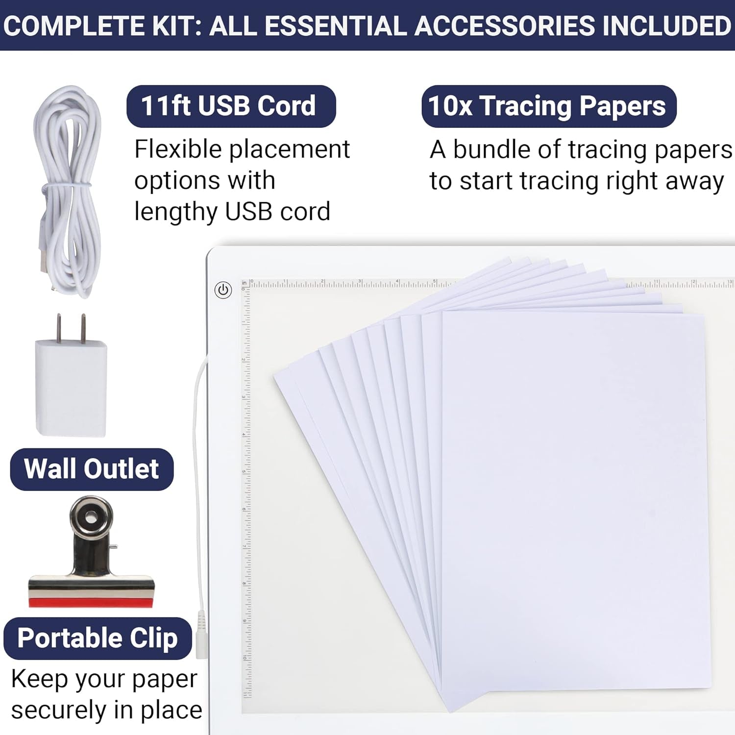 LED Tracing Light Box, 19&quot; Ultra Thin Light Pad with Adjustable Brightness. Comes with USB Cable, Adapter, Paper, Clip. Light Table Drawing Pad, Portable Light Board for Sketching, Cricut Lightbox