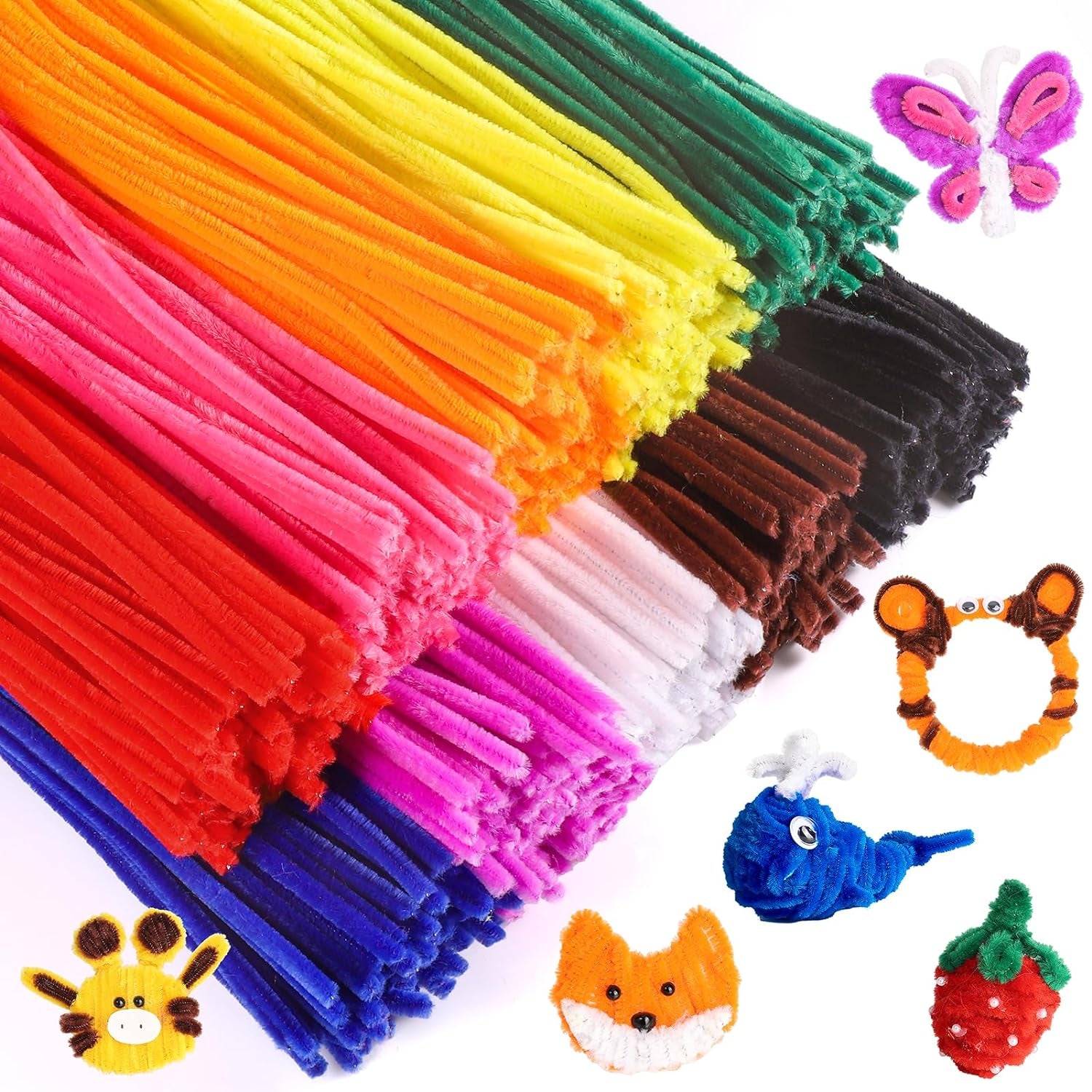 1000PCS Pipe Cleaners Bulk, 10 Color Chenille Stems Craft Supplies for Kids Crafts Projects and Decorations (12Inch×6Mm）