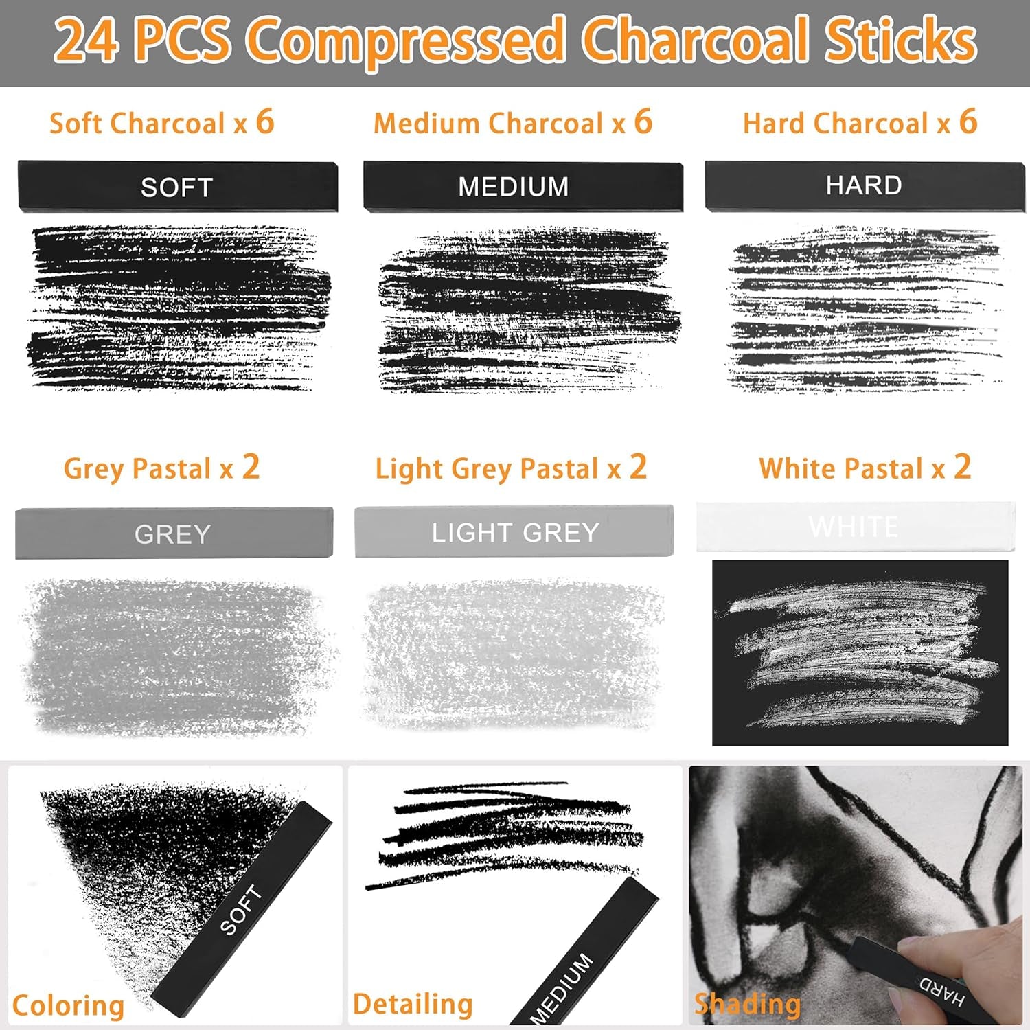 24 Pcs Compressed Charcoal Sticks with Soft, Medium, Hard and White Charcoal - Premium Drawing Charcoal Kit for Drawing, Sketching and Shading - Art Supplies for Artists Beginners