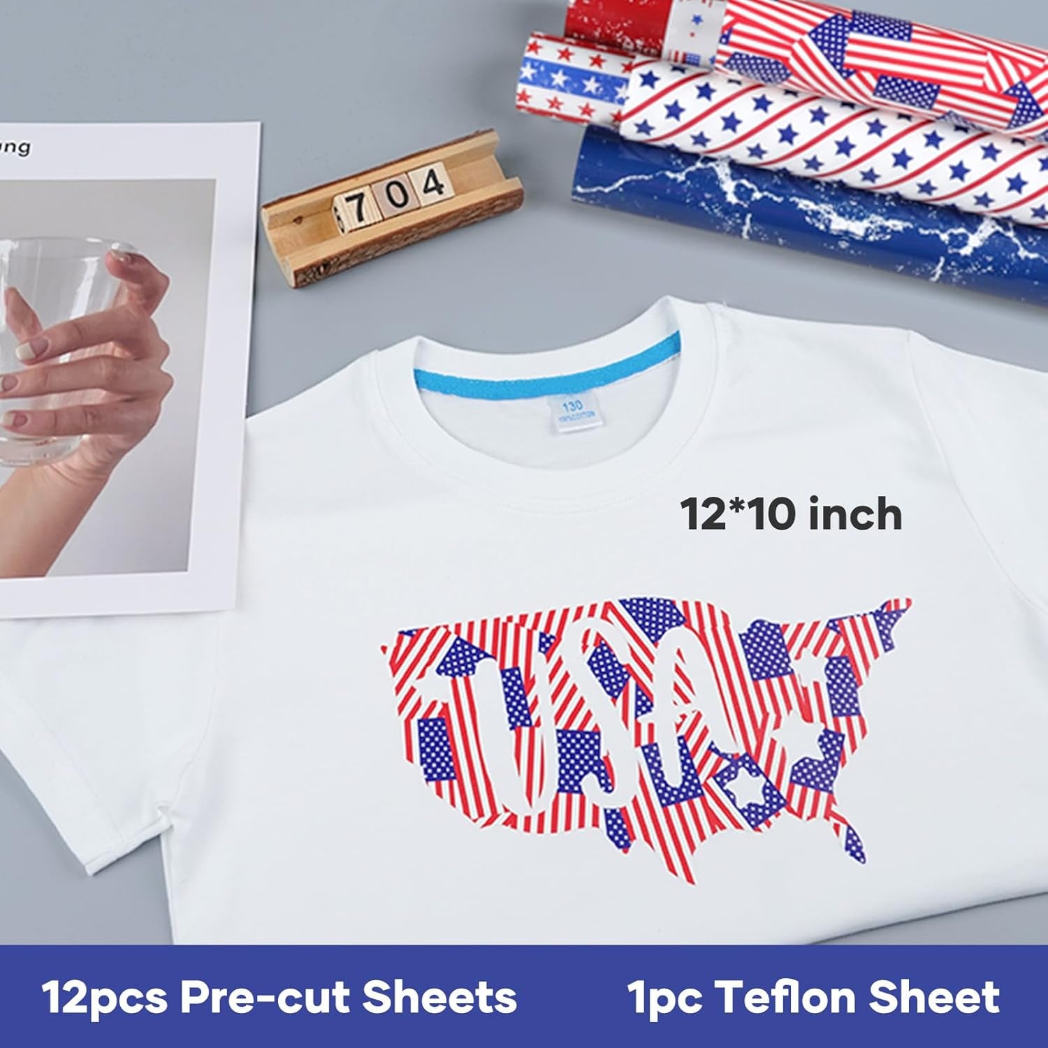 American Flag Heat Transfer Vinyl - 13 Pack 4Th of July Iron on Vinyl Pattern HTV Vinyl 12×10Inch, White HTV &amp; Patriotic Navy Blue for Independence Day HTV Vinyl
