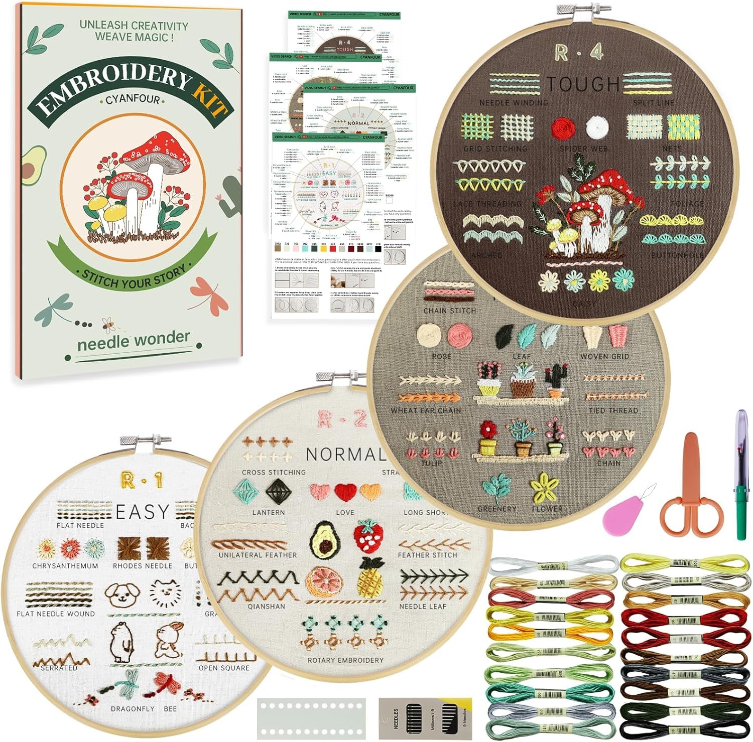 4 Stage Embroidery Kit for Beginners Adults, Easy to Learn 38 Different Stitches from Instruction &amp; Video, Needlepoint Kits for Adults with Stamped Embroidery Patterns.