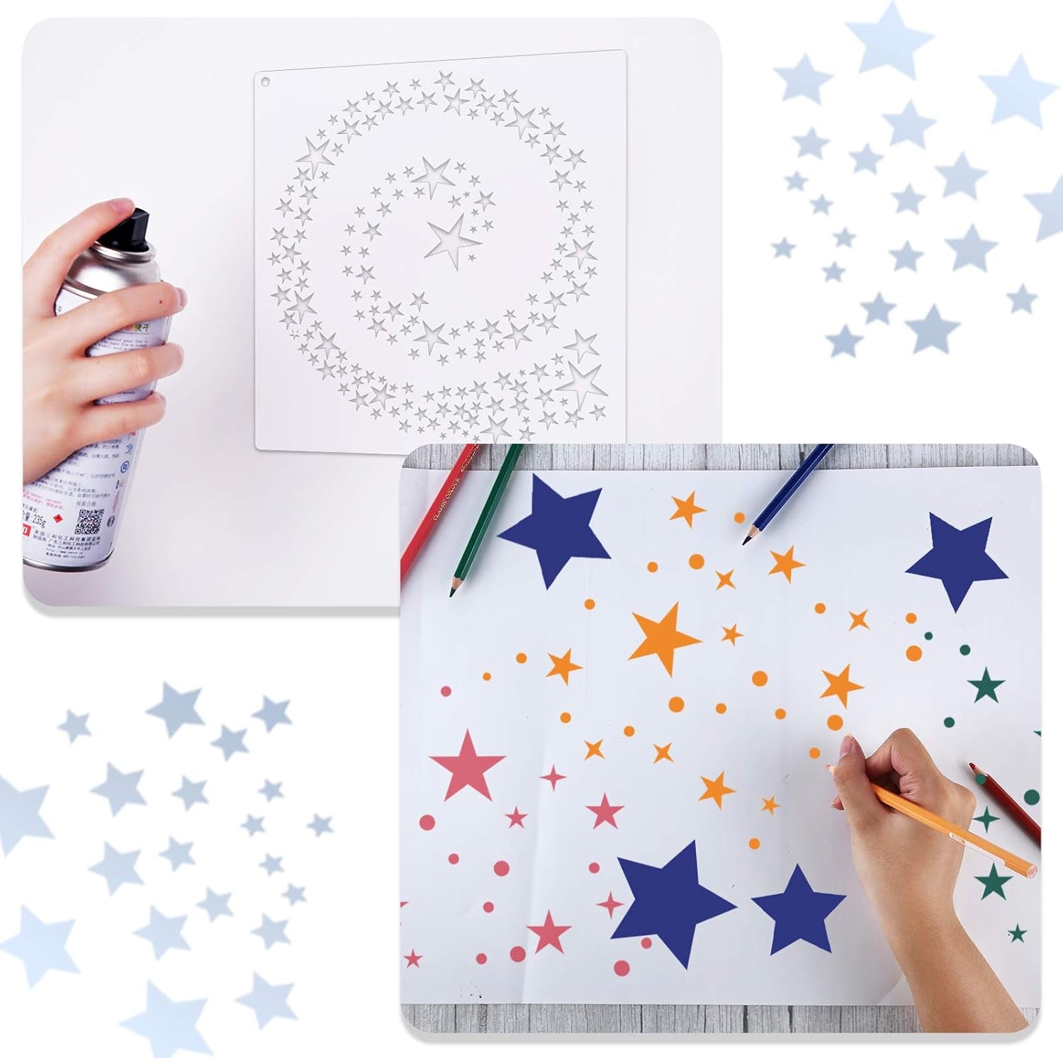 6 Pieces Star Stencil Kit Reusable Twinkle Star Template Assorted Star Pattern Stencils in Different Sizes with Metal Open Ring for Painting on Tile Wall Home Decor Paper Fabric