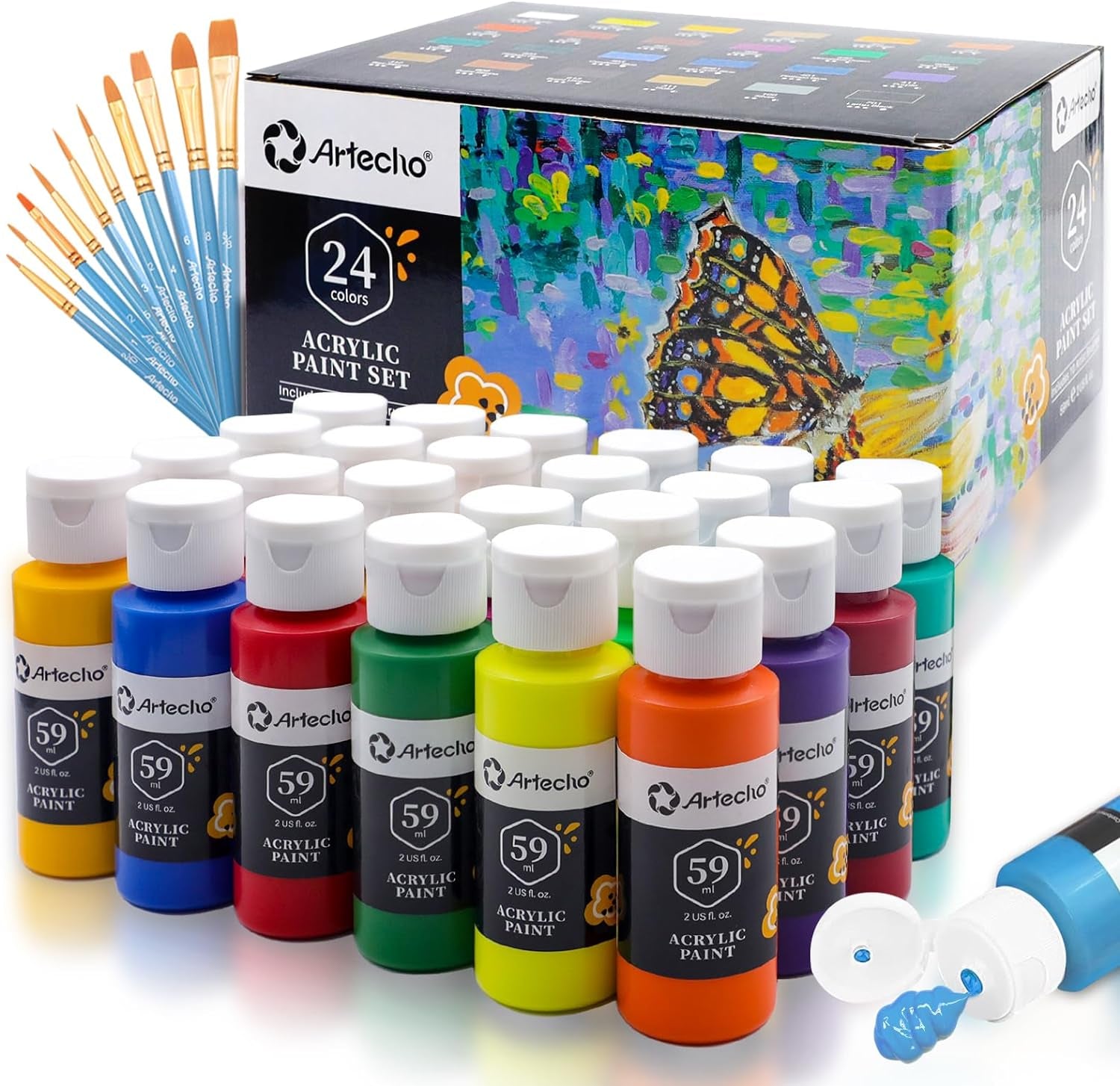 Acrylic Paint Set with 10 Brushes and 24 Colors 2Oz Art Craft Paint, Acrylic Paint Sets for Adults and Beginners, Art Supplies Painting Kit for Canvas, Wood, Rocks, Fabric, Glass