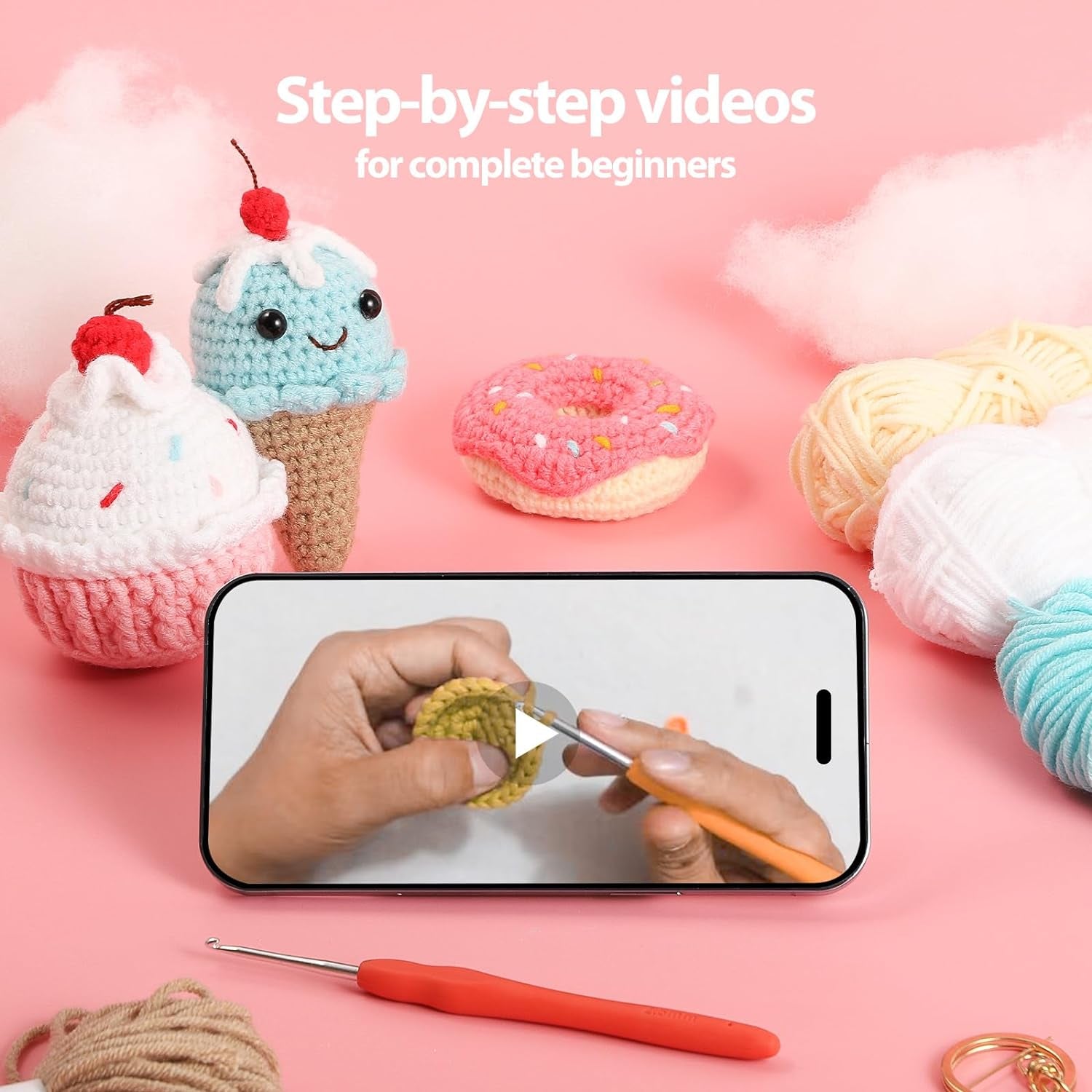 Crochet Kit for Beginners, 3Pcs Dessert Beginner Crochet Kit for Kids and Adults, Crochet Starter Kit DIY Knitting Kit with Step-By-Step Video Tutorial