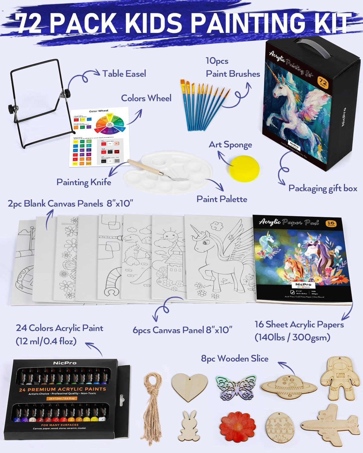72PCS Kids Painting Set with Pattern Canvas, Art Painting Supplies Kit with 24 Acrylic Paints,10 Brushes, 8 Canvas Panels,Table Easel,Paper Pad,Color Wheel,Palette for Beginner Student Toddlers