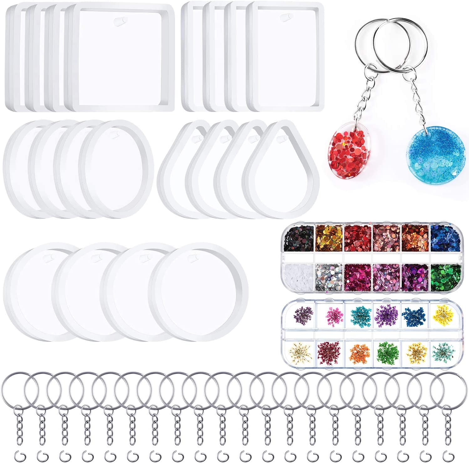 Silicone Resin Keychain Mold Set, Jewelry Pendant Casting Mold DIY Epoxy Keychain Mold with Keychain Rings, Dried Flower and round Sequins for DIY Craft Making Supplies, 67 Pieces