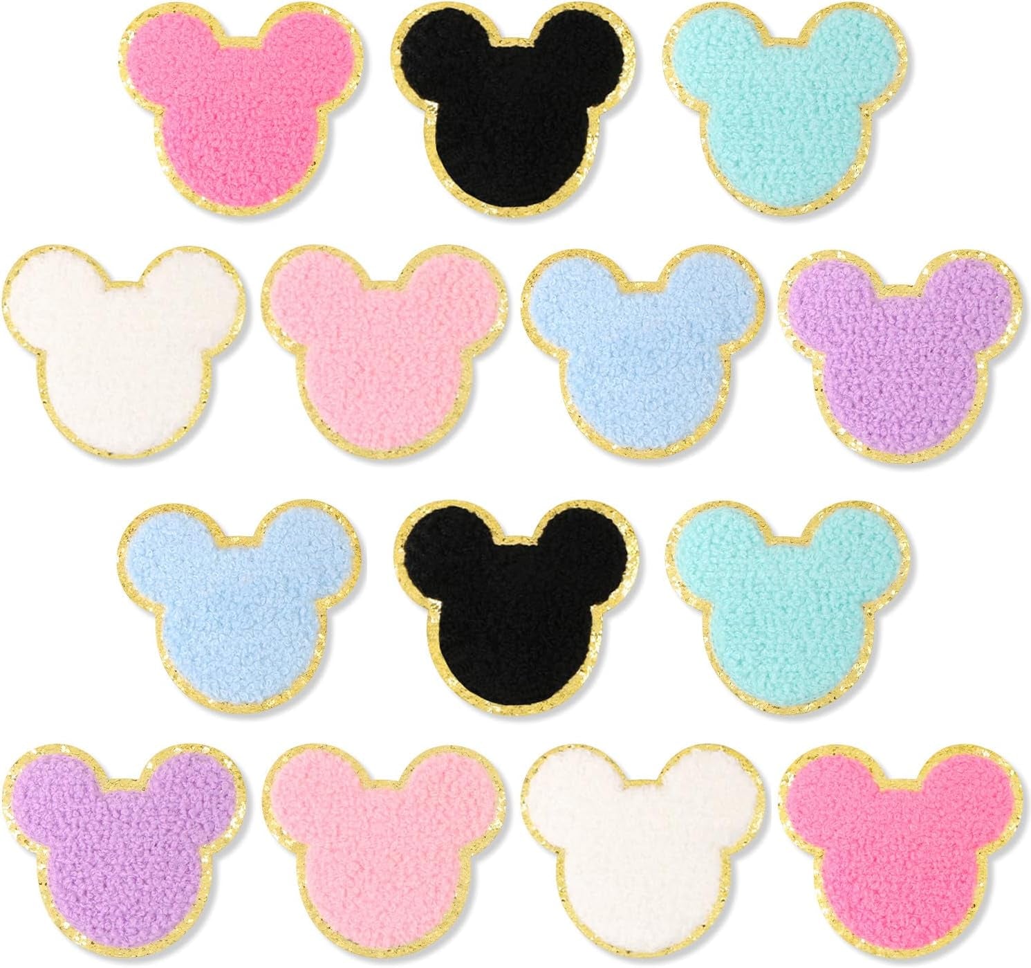 14 Pcs Chenille Mouse Patches,  Iron on Mouse Head Patches Cute Chenille Embroidered Applique Patch for Clothing Sew on Glitter Gold Trimmed Mouse Decorative Patch for DIY Decors