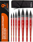 Professional Watercolor Paint Brushes with Nylon Bag, 9 PCS Mop Paintbrush, round Synthetic Squirrel Hair, Bulk Paint Brushes for Watercolor Painting, Gouache, Acrylic, Oil, Wood Color