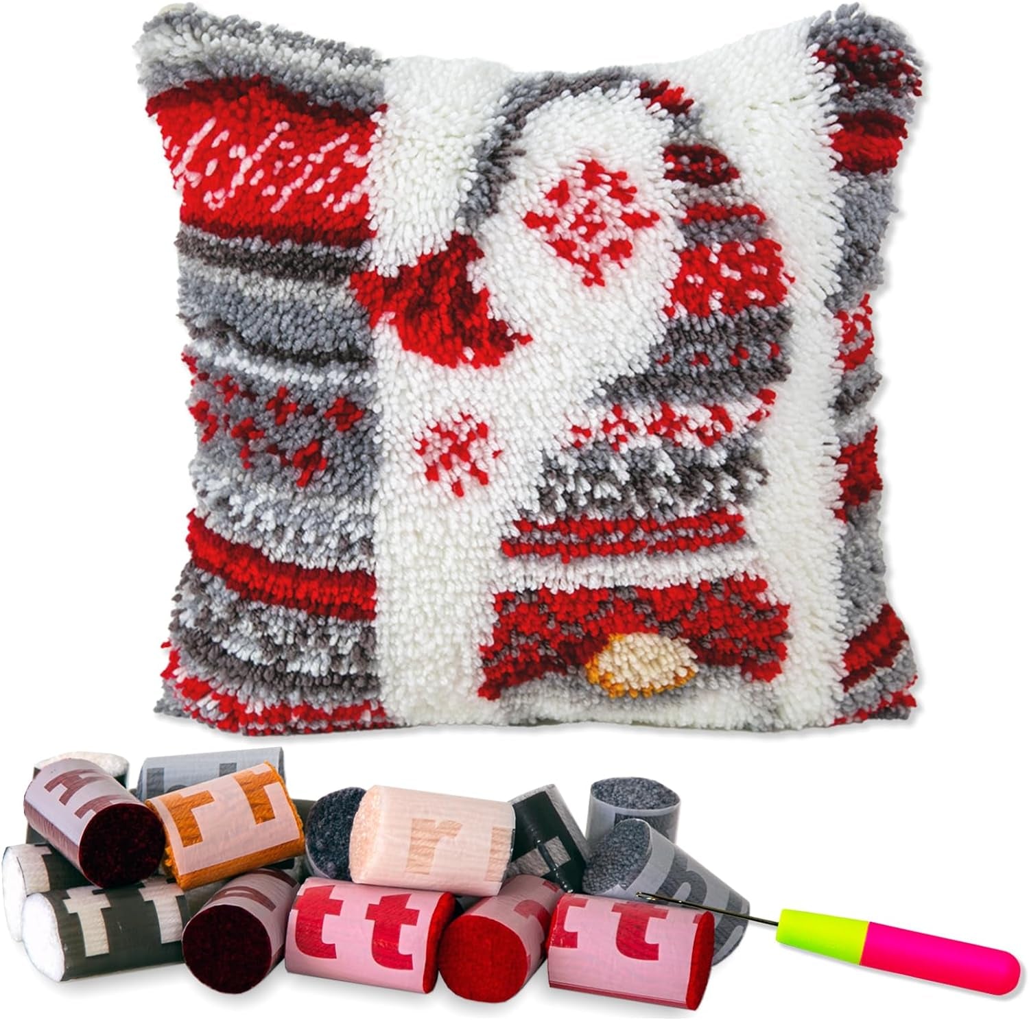 Latch Hook Kits for DIY Throw Pillow Cover,Needlework Cushion Cover Hand Craft Crochet for Great Family 17X17Inch Christmas Hat