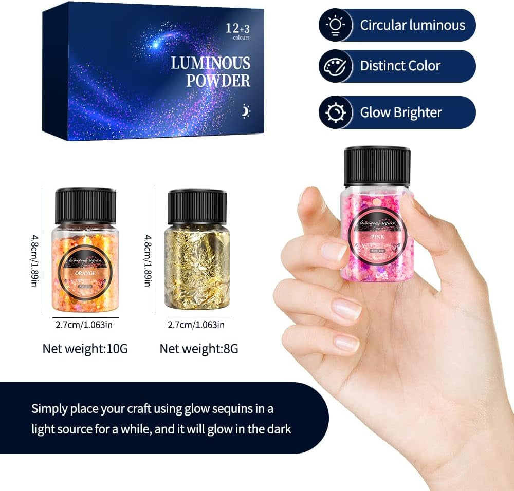 Glow in the Dark Glitter 15 Jar - 12 Colors Glow Glitter and 3 Colors Gold Foil Flakes, High Luminous Glitter for Resin Crafts, Cosmetic, Nail, Glowing Dye for DIY