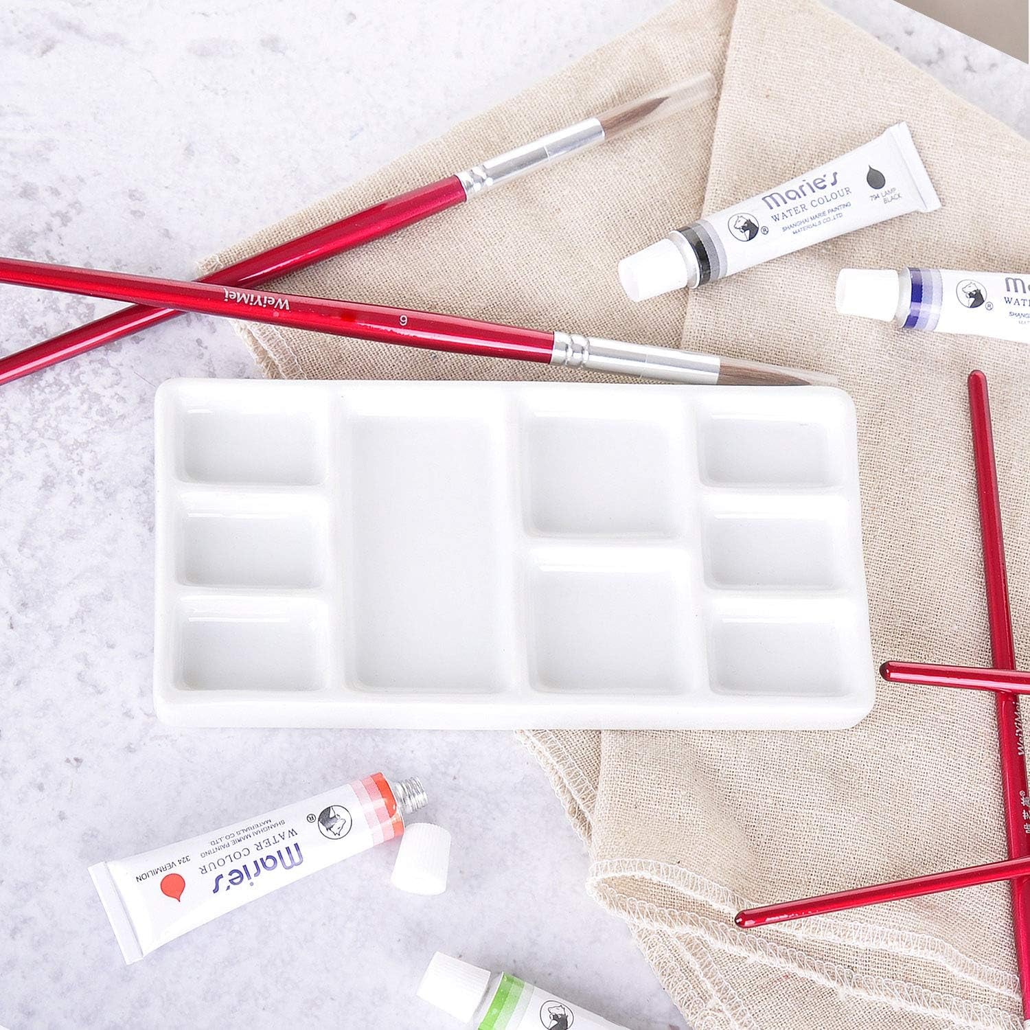 White Square Ceramic Artist Paint Palette,Porcelain Watercolor Palette,Ceramic Mixing Tray for Watercolor Gouache Painting