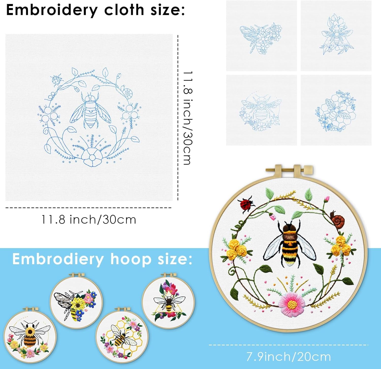 5 Sets Embroidery Kit for Beginners, Art Craft Handy Sewing Set Bees and Flowers Patterns Cross Stitch Starter Kits, DIY Embroidery Kits with Patterns and Instructions Hoops Needles Threads