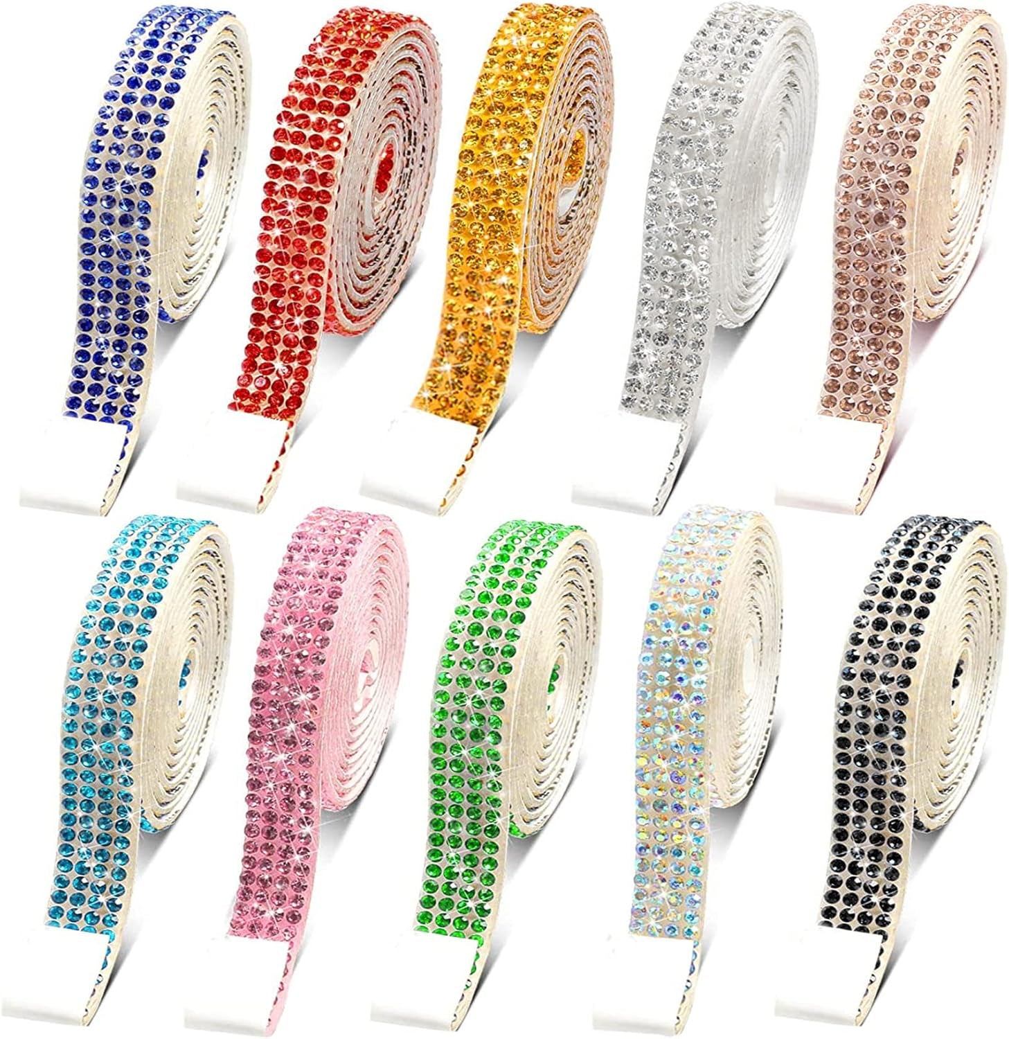 10 Rolls Self Adhesive Rhinestone Ribbon Crystal Diamond Sticker Bling Ribbon DIY Decoration with 2 Mm Rhinestones for DIY Arts Crafts,Wedding Party Decor,Car Phone Decoration.(Each Roll 1 Yard)