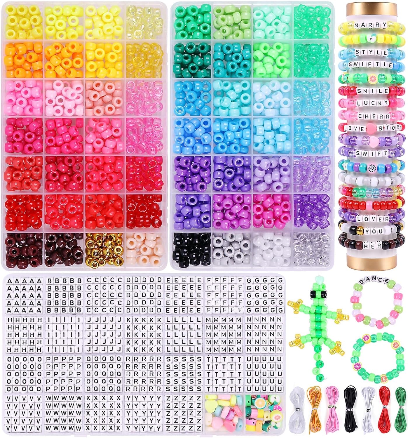 3000Pcs 56 Colors Pony Beads for Bracelet Making Kit, Rainbow Kandi Beads Friendship Bracelet Kit with 910Pcs A-Z Letter Beads, DIY Jewelry Making Beads Craft for Adults