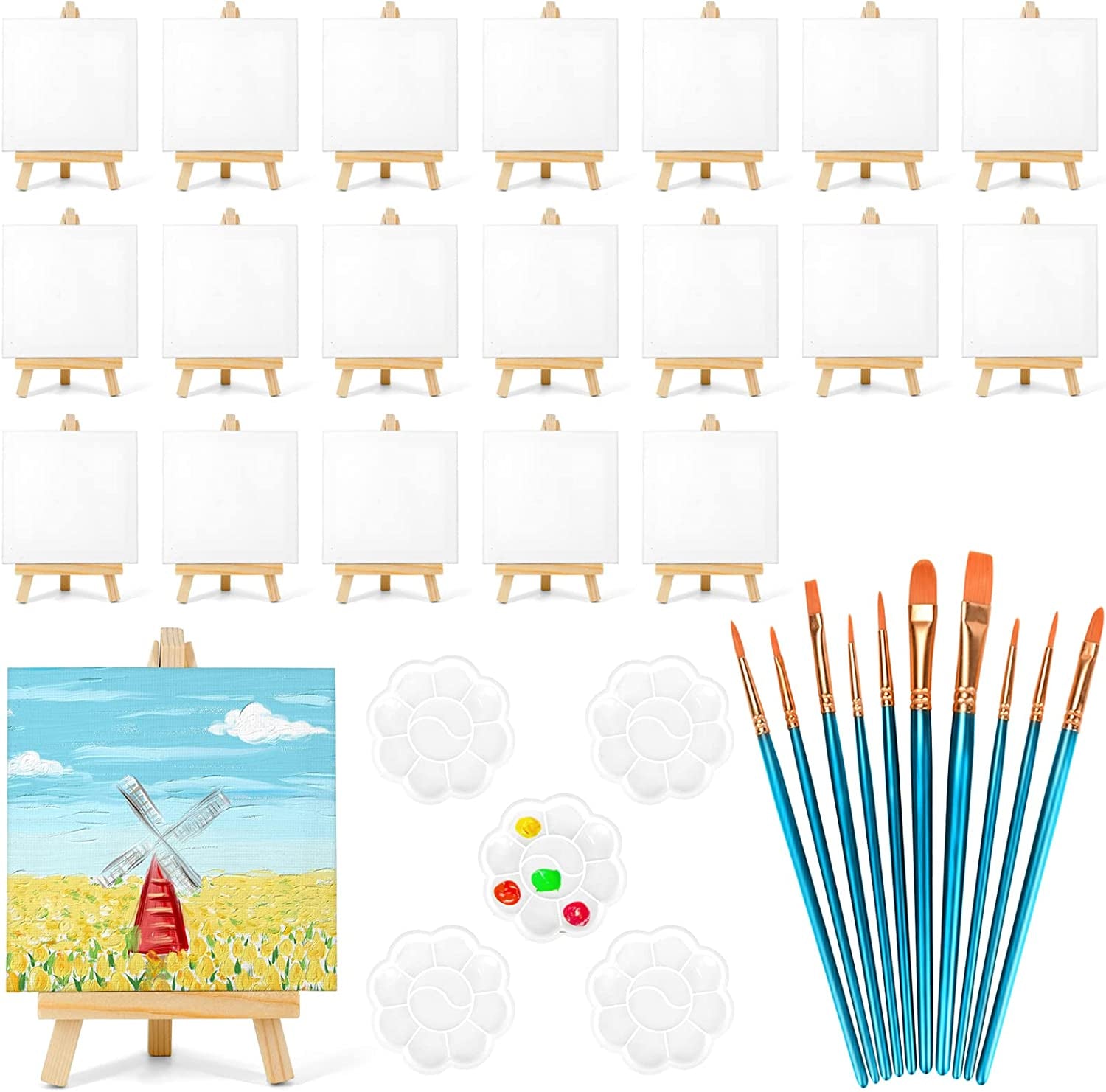 20 Pack 4X4 in Mini Canvases, Small Painting Canvas Panel with Mini Easel, Art Canvas Painting Kit with 10 Brushes & 5 Paint Tray for Kids Teenagers Acrylic Pouring Oil Water Color Gift…