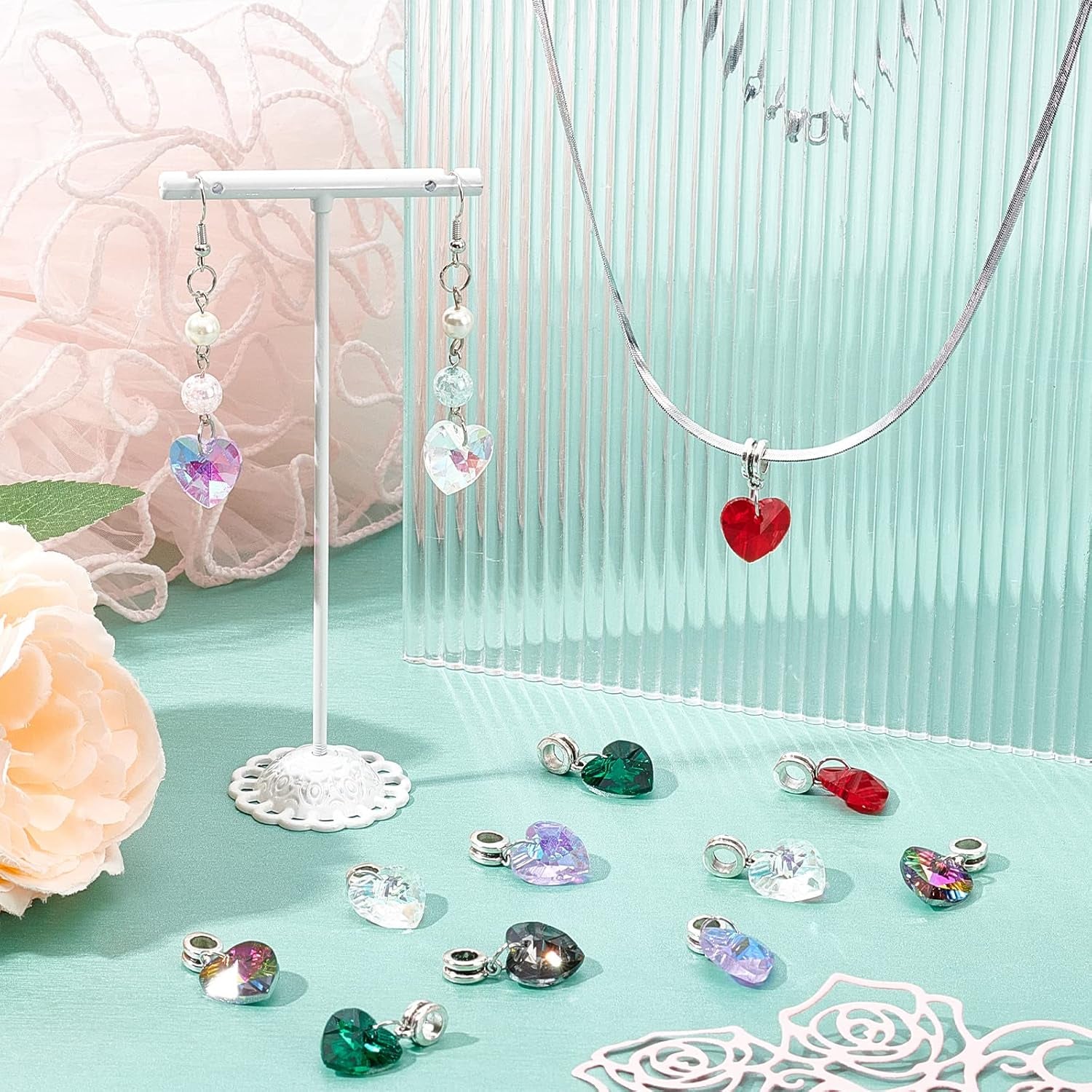 6 Colors Heart Glass Charms 30Pcs Faceted Heart Pendants Valentine Charms Crystal Dangle Charms with Bail Hanger Large Hole Beads for Wedding Mother Necklace Bracelets Making, Hole: 5Mm
