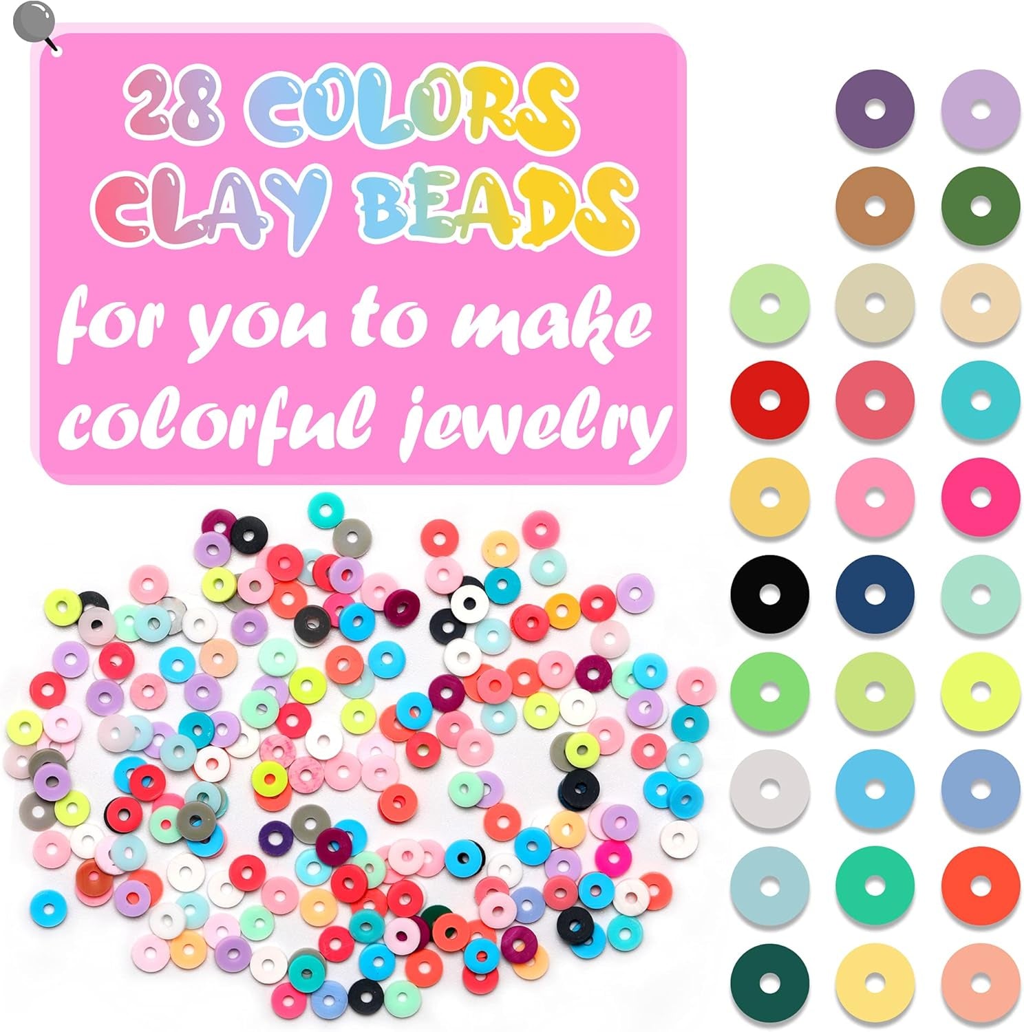 6552 PCS Complete Beads Jewelry Making Kit, 28 Colors Flat Polymer Clay Heishi Beads, Cartoon Fruit Beads, Roll Elastic Strings Other Kinds Space Beads Scissors for Beginner Experiencer