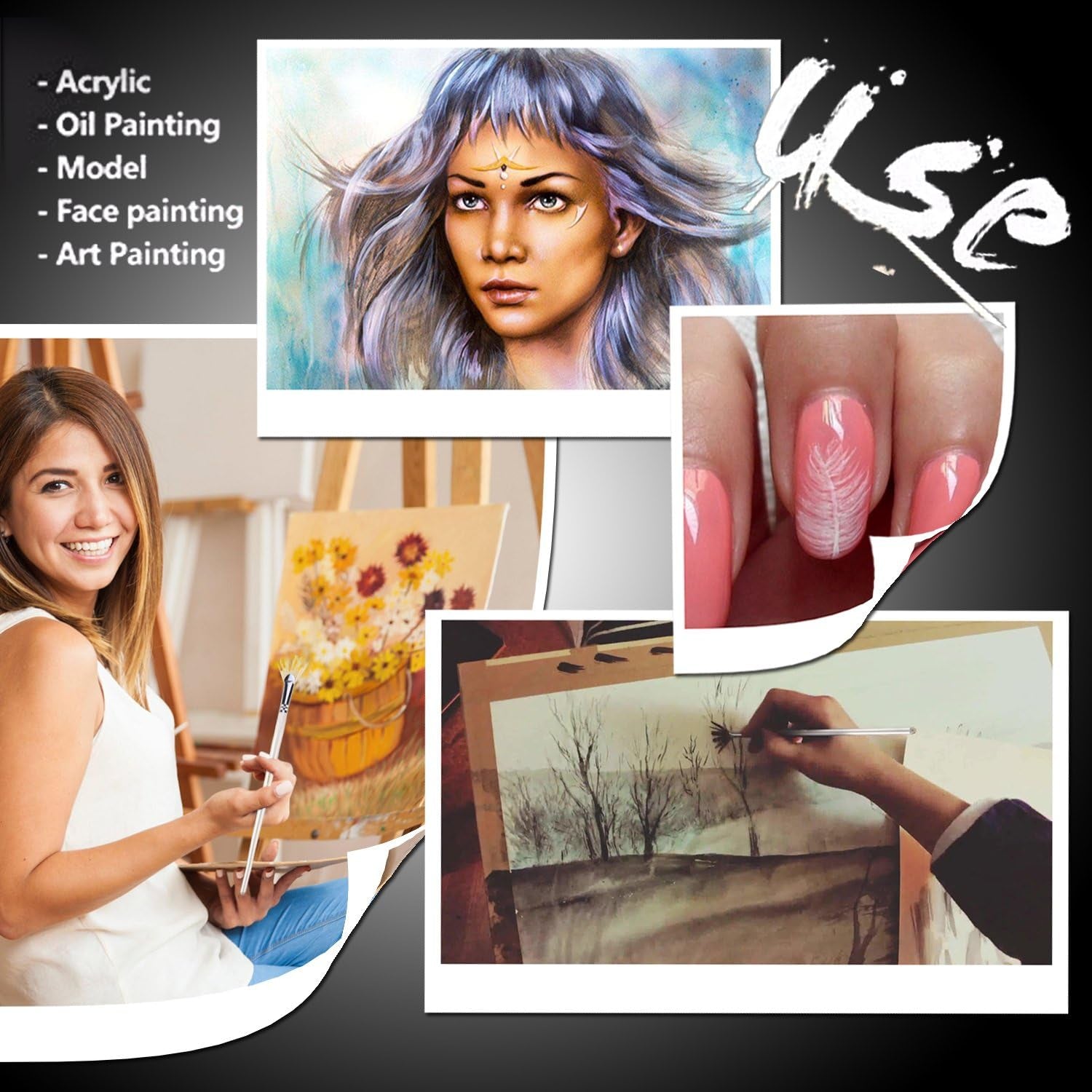 Fan Brush Set - Hog Bristle Natural Hair - Artist Soft Anti-Shedding Paint Brushes for Acrylic Watercolor Oil Painting, Long Wood Handle with Case, Set of 6