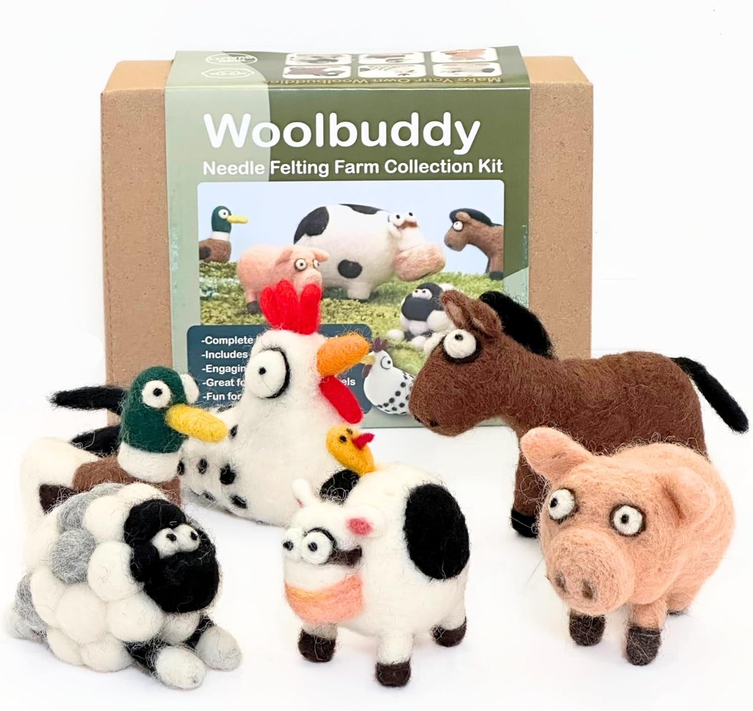 Needle Felting Kit, Farm Animals, Felting Kit for Beginners Adult, Felting Supplies Included - White Mini Felting Pad, Soft Felting Wool, 4 Felting Needles and Clear English Instructions