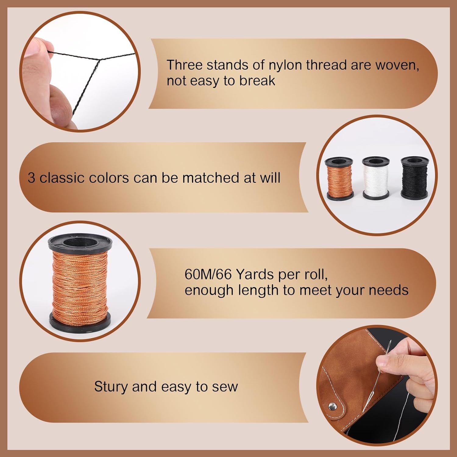 Upholstery Sewing Thread Kit,3 Rolls Upholstery Thread Heavy Duty Nylon Thread with 7 Pcs Leather Needles for Hand Sewing for Upholstery Leather Canvas Bags Sofa Furniture(3 Colors)