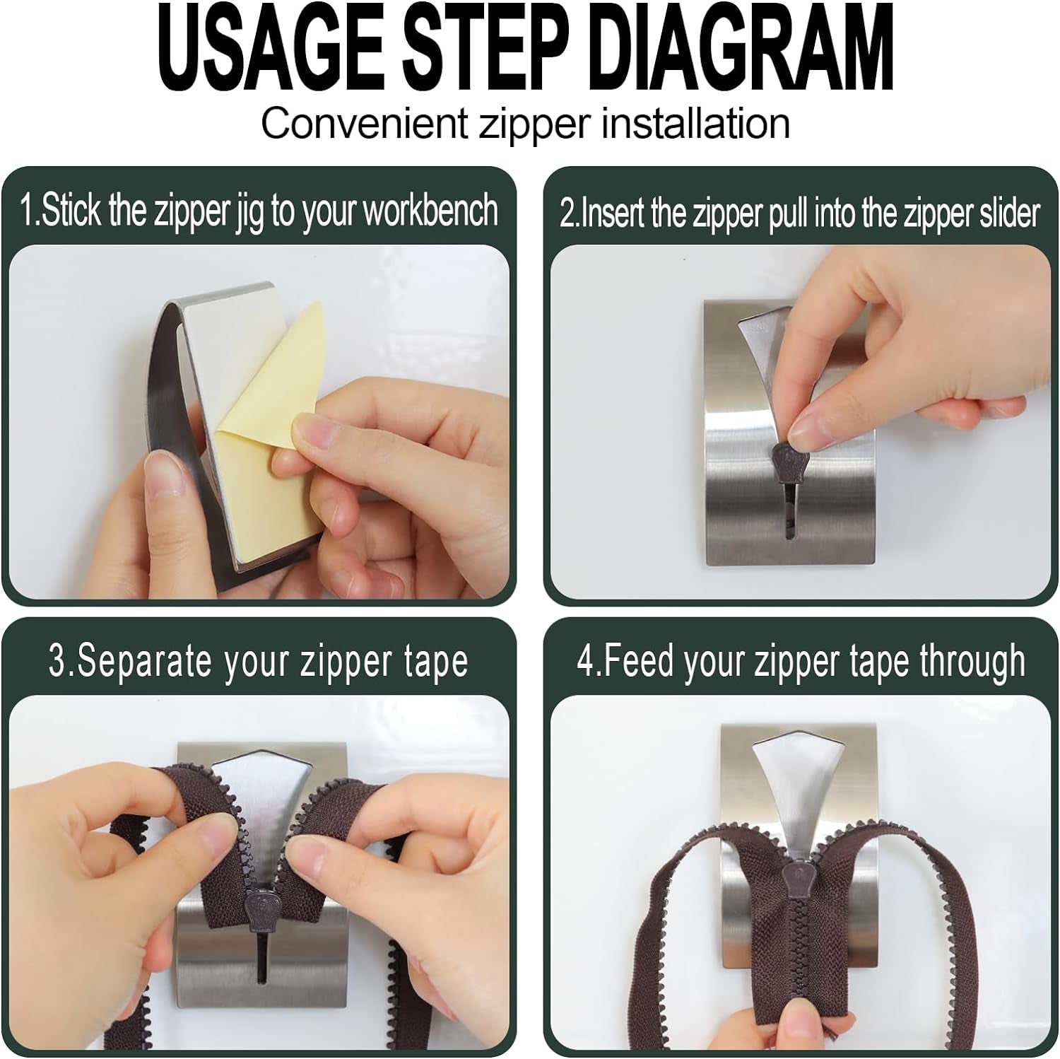 Zipper Jig Tool, Quick Zipper Jig Sliders for Zipper Pulls, Stainess Steel Zipper Installing Tool for Pants, Dresses(2 Pack)