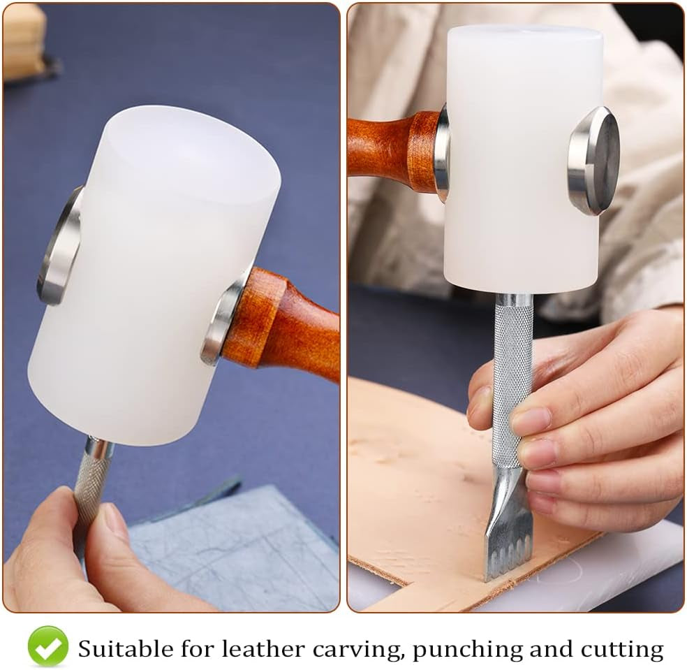 Leather Carving Hammer 2 Pieces, Leathercraft Mallet, Nylon Wood Handle Hammer, Leather Carving Hammer Mallet for DIY Stamping Sew Leather Cowhide Tool(1 T Hammer + 1 Vertical Hammer)