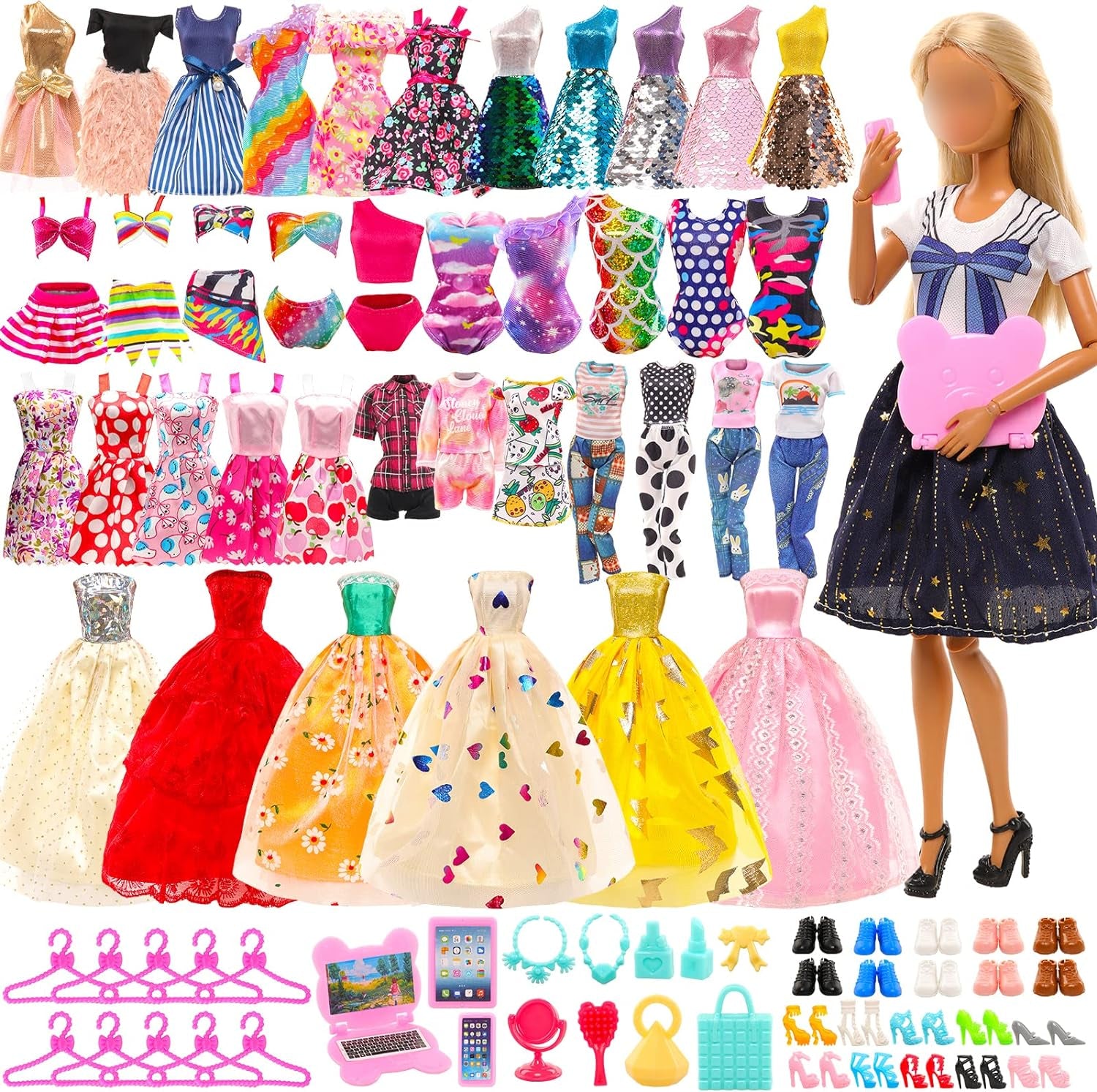 57 Pack Doll Clothes and Accessories 5 Fashion Dresses 4 Tops 4 Pants Outfits 3 Wedding Gown Dresses 3 Swimsuits Bikini 5 Mini Dresses, 10 Hangers 15 Shoes Computer Cosmetic for 11.5 Inch Doll