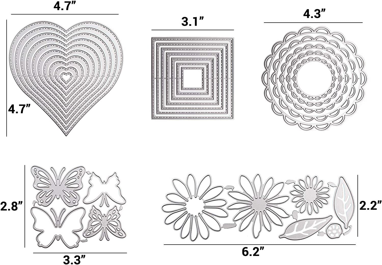 Dailytreasures 5 Set Cutting Dies Stencil, 32Pcs Metal Template Moulds Multi-Shape DIY Craft Embossing Tools for Album Scrapbooking Art & Mother'S Day Card Making(Heart/Square/Round/Butterfly/Flower)