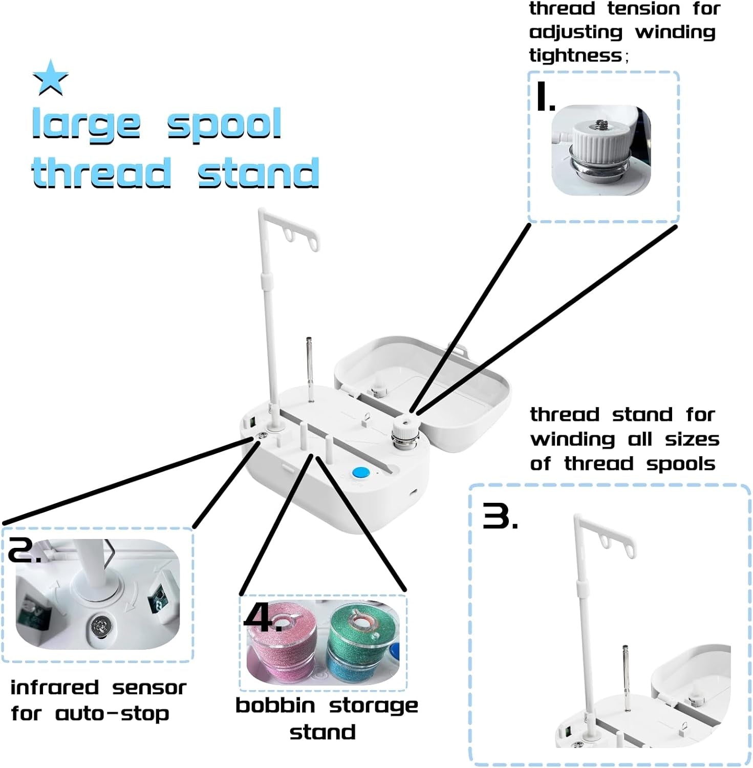 Automatic Bobbin Winder with Auto Stopper, Large Spool Thread Holder and Extra 6 Spools of 400 Yards Polyester Threads for Sewing Machine Thread Winding Use