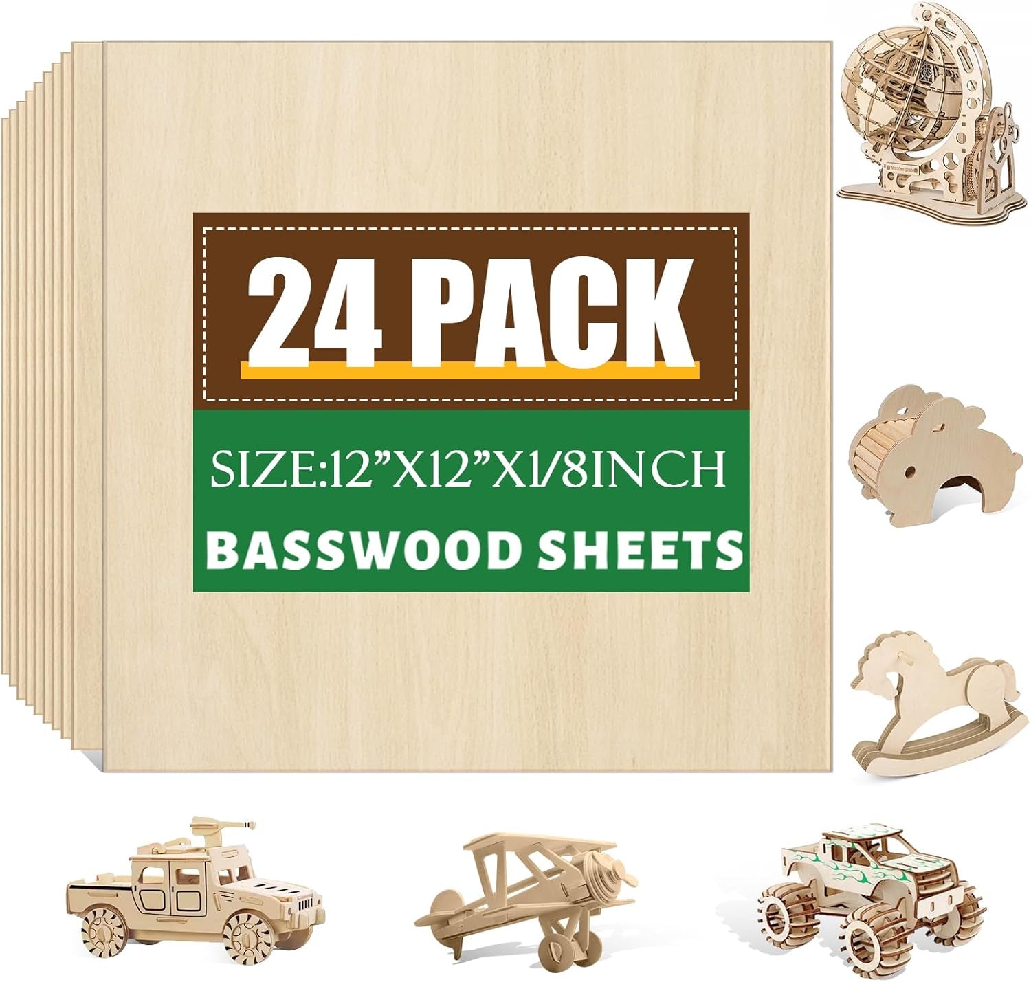 12 Pack Basswood Sheets 1/8X12X12 Inch for Crafts,Unfinished Wood for Laser Cutting & Engraving,Wood Burining,Plywood for Architectural Models.