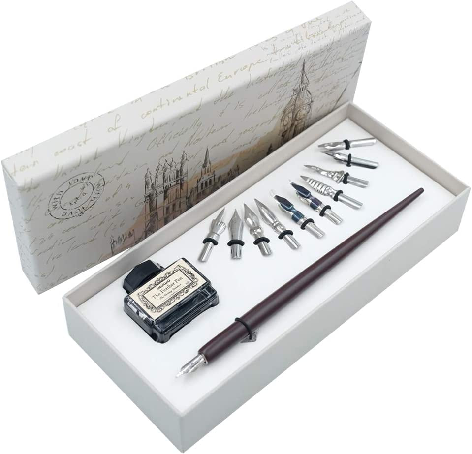 Hhhouu Calligraphy Set for Beginners Quill Pen and Ink Set Fancy Pens with Black Ink and 11 Nibs for Lettering,Drawing, Journaling, Signing, Invitation HO-Q-301