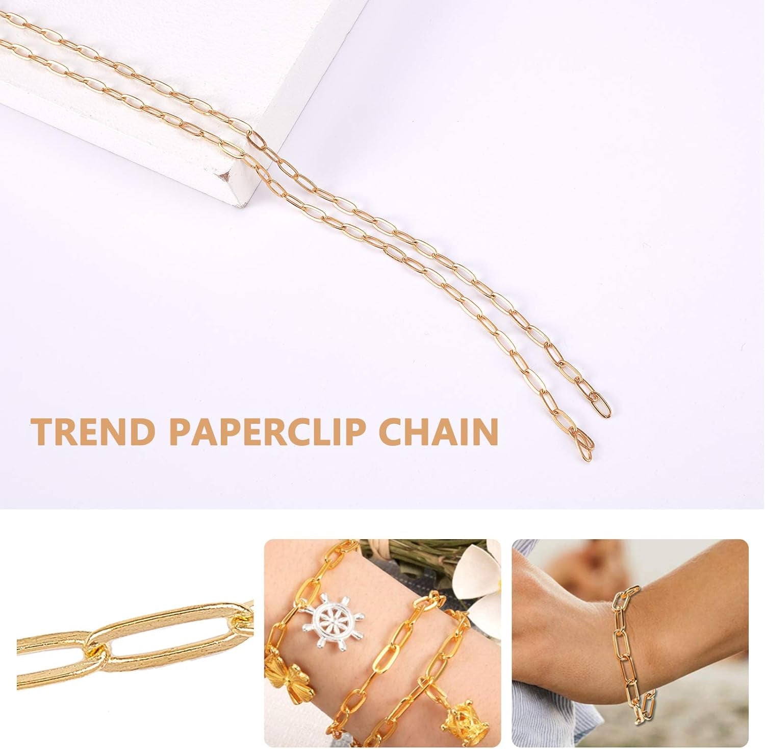 32Feet Gold Paperclip Chains Link Spool Bulk Necklace Length 7.6Mm Width 2.6Mm for Women Jewelry Necklace Bracelet Pendant Making, Golden