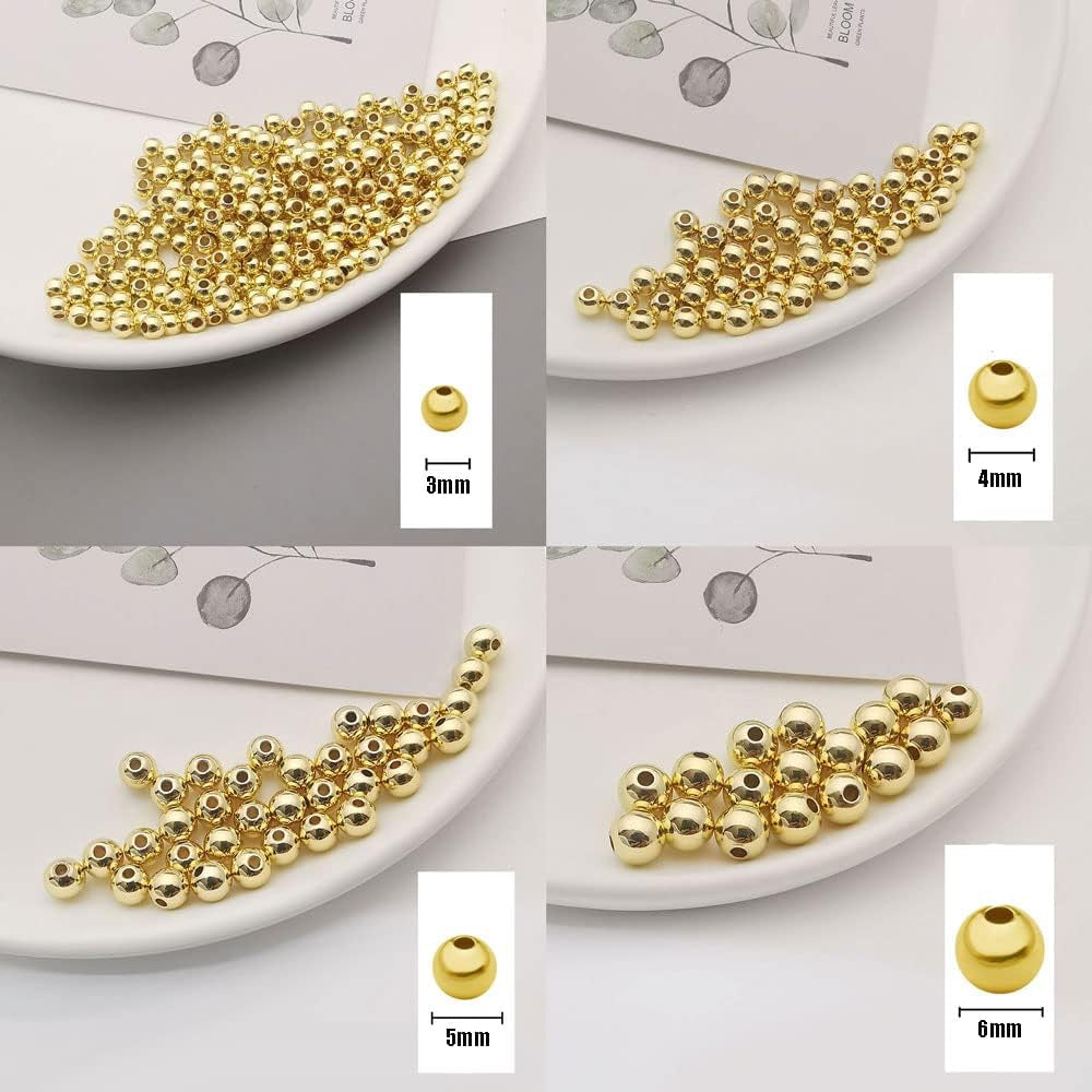 200 Pcs Mix 14K Gold Plated Beads Smooth Little round Spacer Beads Brass Long-Lasting Tarnish Resistant Seamless Loose Beads for DIY Bracelet Jewelry Making (3/4/5/6Mm-Gold)