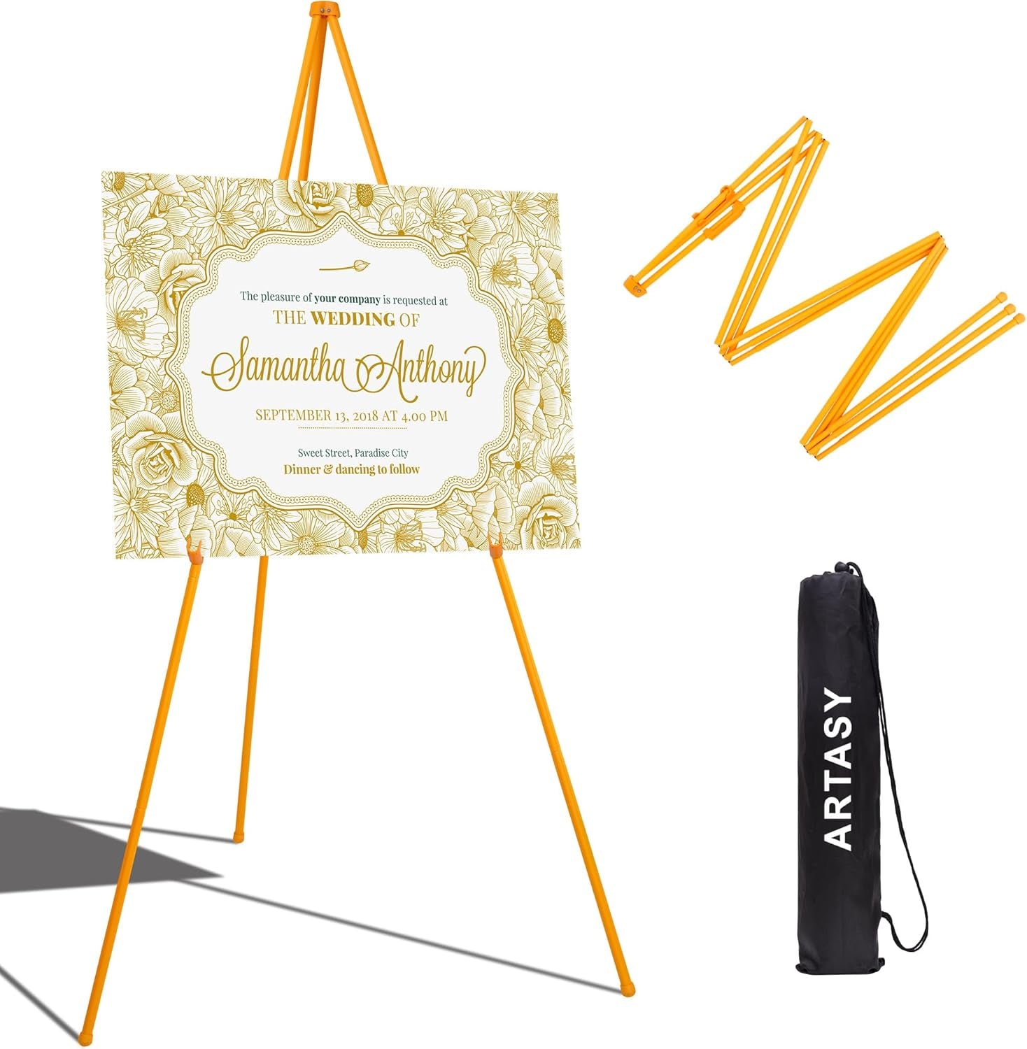 63" Easel Stand for Wedding Signs, Posters, Portable Artist Easel for Painting Canvas, Tripod for Home and Office, Supports 5 Lbs-Yellow 1/Pack